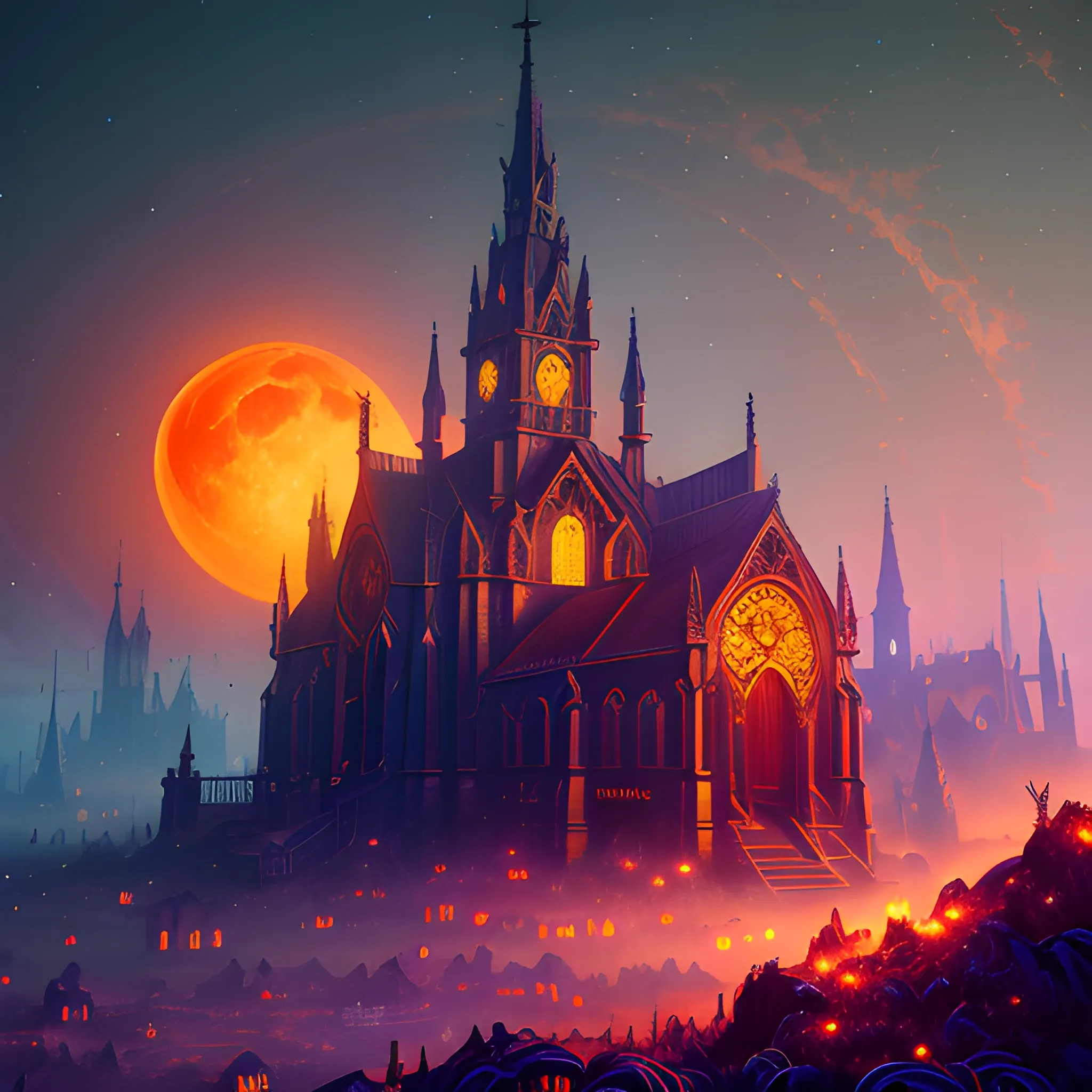 hyperdetailed oil on canvas, red moon shining down on a church, pumpkins, bats, orange, purple, luminous colorful sparkles, haunted, ominous, eldritch, macabre, spooky; by James R. Eads, Gawki, rajewel, Tania Rivilis, Dan Mumford, glitter, airbrush, Octane Render, elegant, volumetric lighting, 16k; detailed matte painting, deep color, fantastical, intricate detail, splash screen, complementary colors, fantasy concept art, 8k resolution trending on Artstation Unreal Engine 5