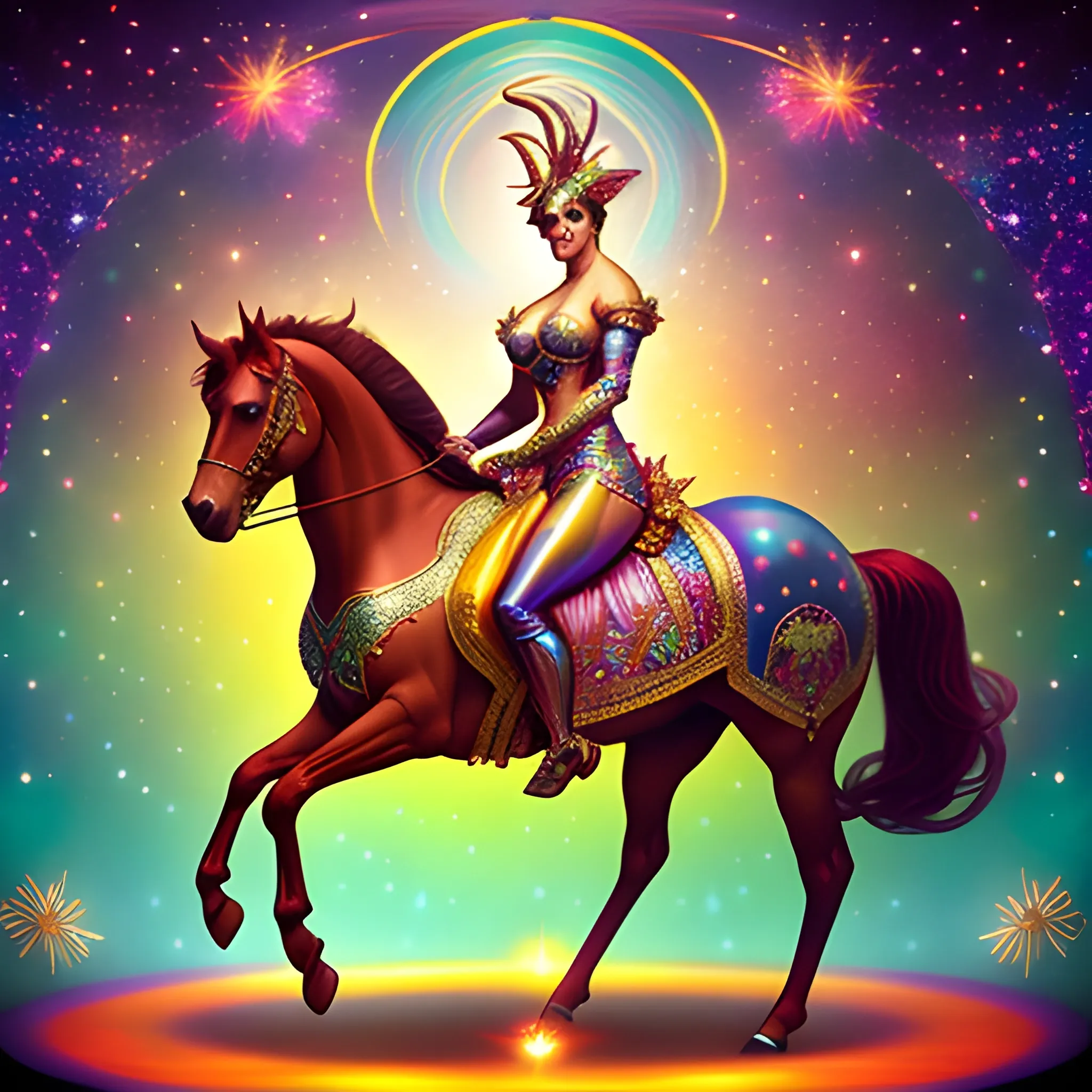 Circus Pony Girl, ornate Circus plumage, standing on a pony, detailed face, surrounded by luminous colorful sparkles, gypsy, carnival, airbrush, Renaissance, depth of field, Octane Render, by Gaspar Camps, Maxfield Parrish, Alphonse Mucha, Cyril Rolando,16k