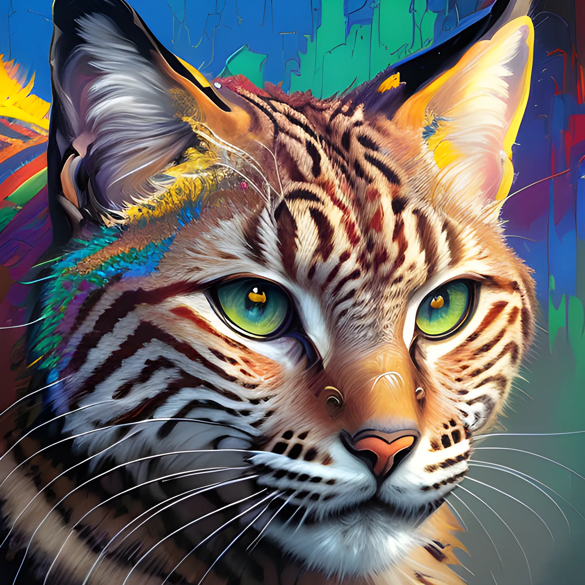 bobcat; perfect eyes, matte painting Elegant, beautiful rendered aesthetic expression of the Sublime by Android Jones, Shepard Fairey, Josephine Wall, Carlo Crivelli, Scott Naismith, Sandra Chevrier, Giotto Di Bondone; high resolution, digital art, intricate details Perfect composition subtractive lighting, hyper realistic 16k Octane render wide angle design masterwork; oil painting by James Gurney