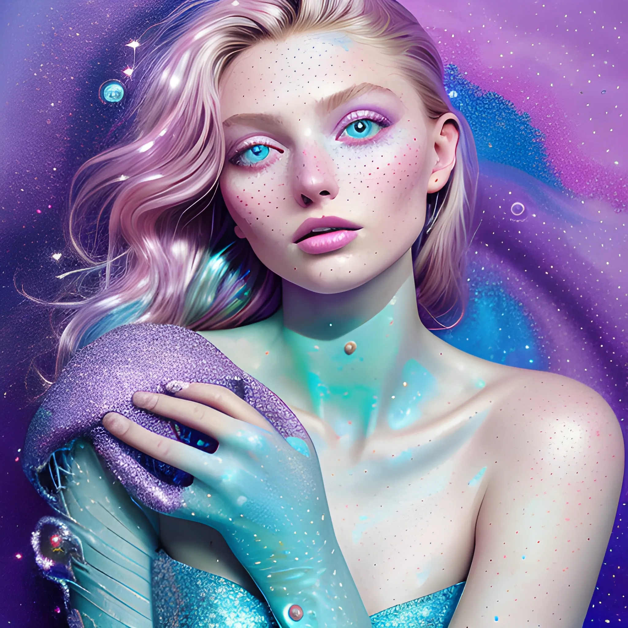 hyperdetailed oil on canvas, beautiful Elsa Hosk, beautiful lavender turquoise speckled eyes, her perfect, softly freckled, precisely detailed face, multi-hued dark hair, purple blue pink luminous color sparkles; Aja Trier, James R. Eads, Gawki, rajewel, Tania Rivilis, glitter, airbrush, Octane Render, volumetric lighting