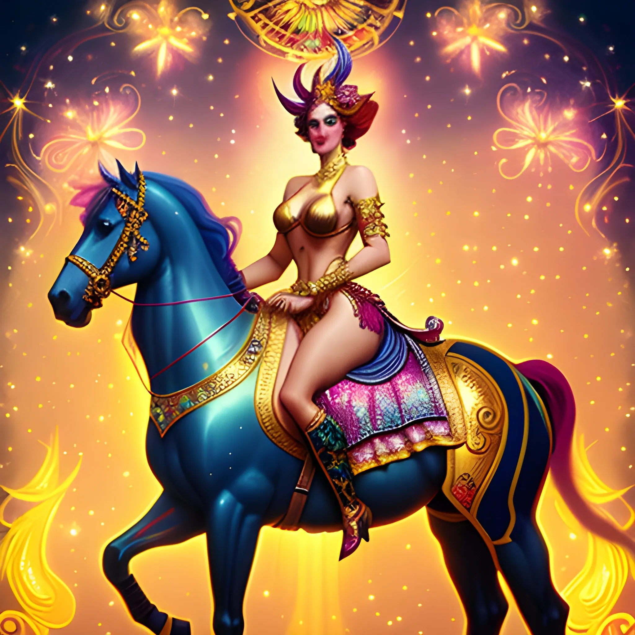 Circus Pony Girl, ornate Circus plumage, standing on a pony, detailed face, surrounded by luminous colorful sparkles, gypsy, carnival, airbrush, Renaissance, depth of field, Octane Render, by Gaspar Camps, Maxfield Parrish, Alphonse Mucha, Cyril Rolando,16k