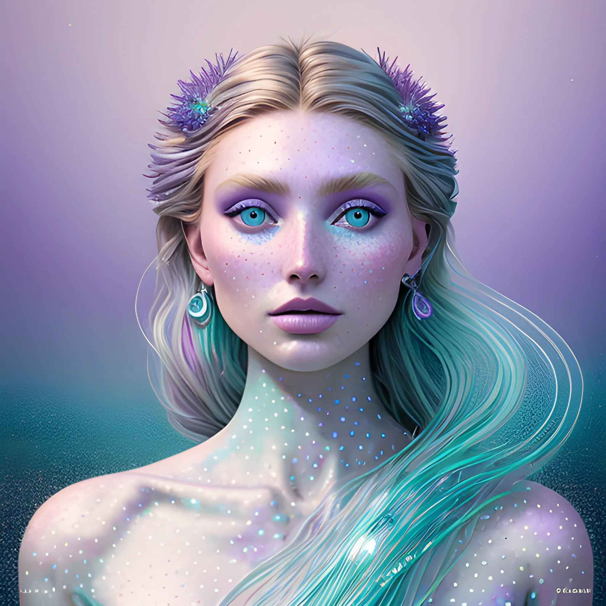 hyperdetailed oil on canvas, beautiful Elsa Hosk as a mermaid, beautiful lavender turquoise speckled eyes, her perfect, softly freckled, precisely detailed face, multi-hued dark hair, purple blue pink luminous color sparkles; Aja Trier, James R. Eads, Gawki, rajewel, Tania Rivilis, glitter, airbrush, Octane Render, volumetric lighting