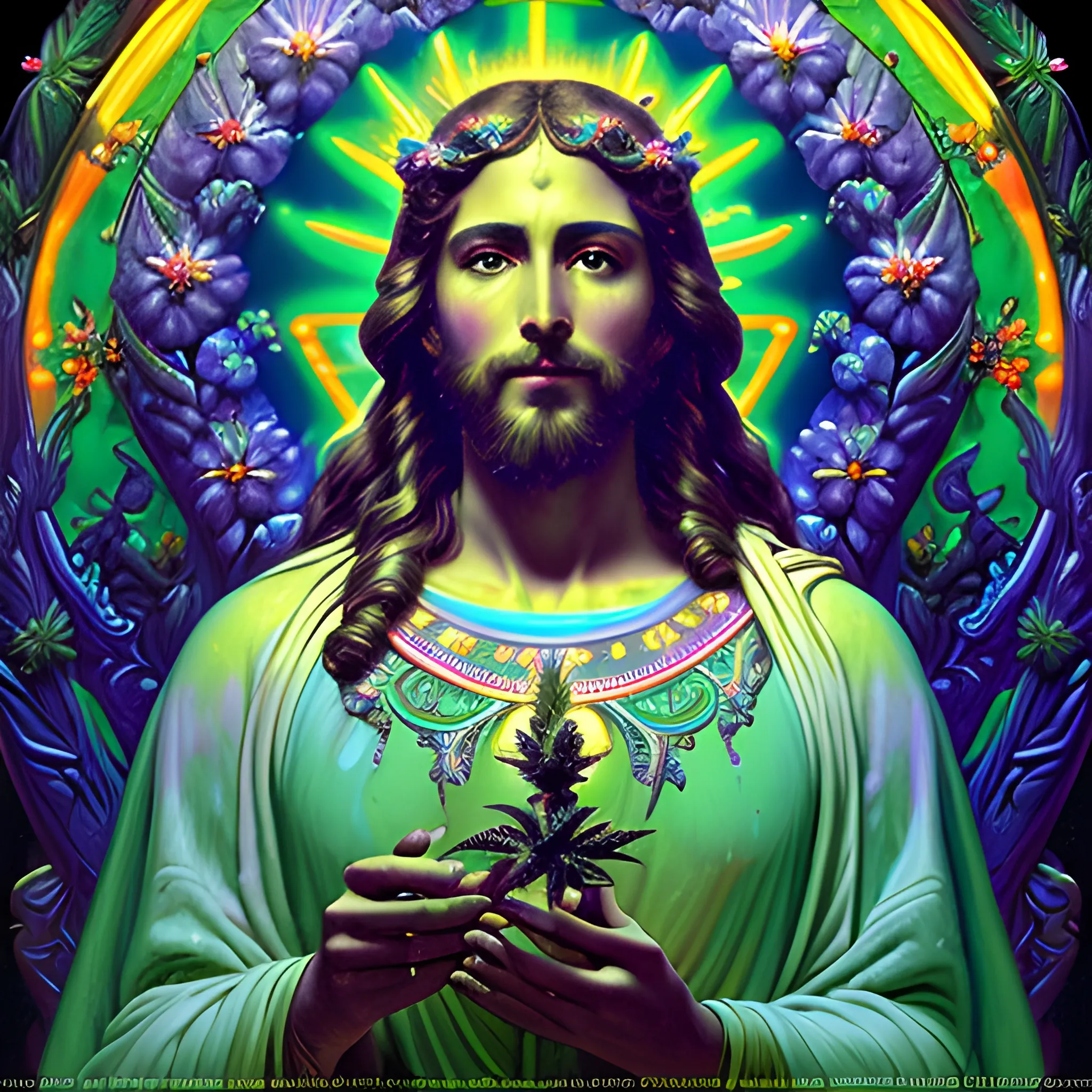 eoclassicist colorful blacklight uv highly detailed painting of Jesus as a marijuana goddess, ethereal fantasy hyperdetailed mist, maximalist matte painting, polished, realistic oil painting; old fashioned, vintage, antique; luminous color sparkles, marijuana, by gaston bussiere, craig mullins, j. c. leyendecker, norman rockwell