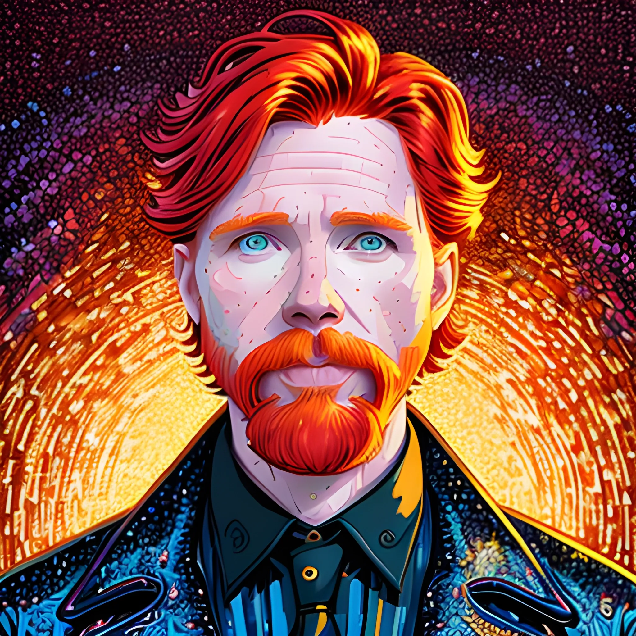 male actor Courtney Gains, his highly detailed handsome face, meticulously detailed multi-hued red hair; by James R. Eads, Fausto-Giurescu, Tania Rivilis, Renata-s-art, Dan Mumford; luminous colorful sparkles, glitter, airbrush, depth of field, volumetric lighting, deep color, underground comix