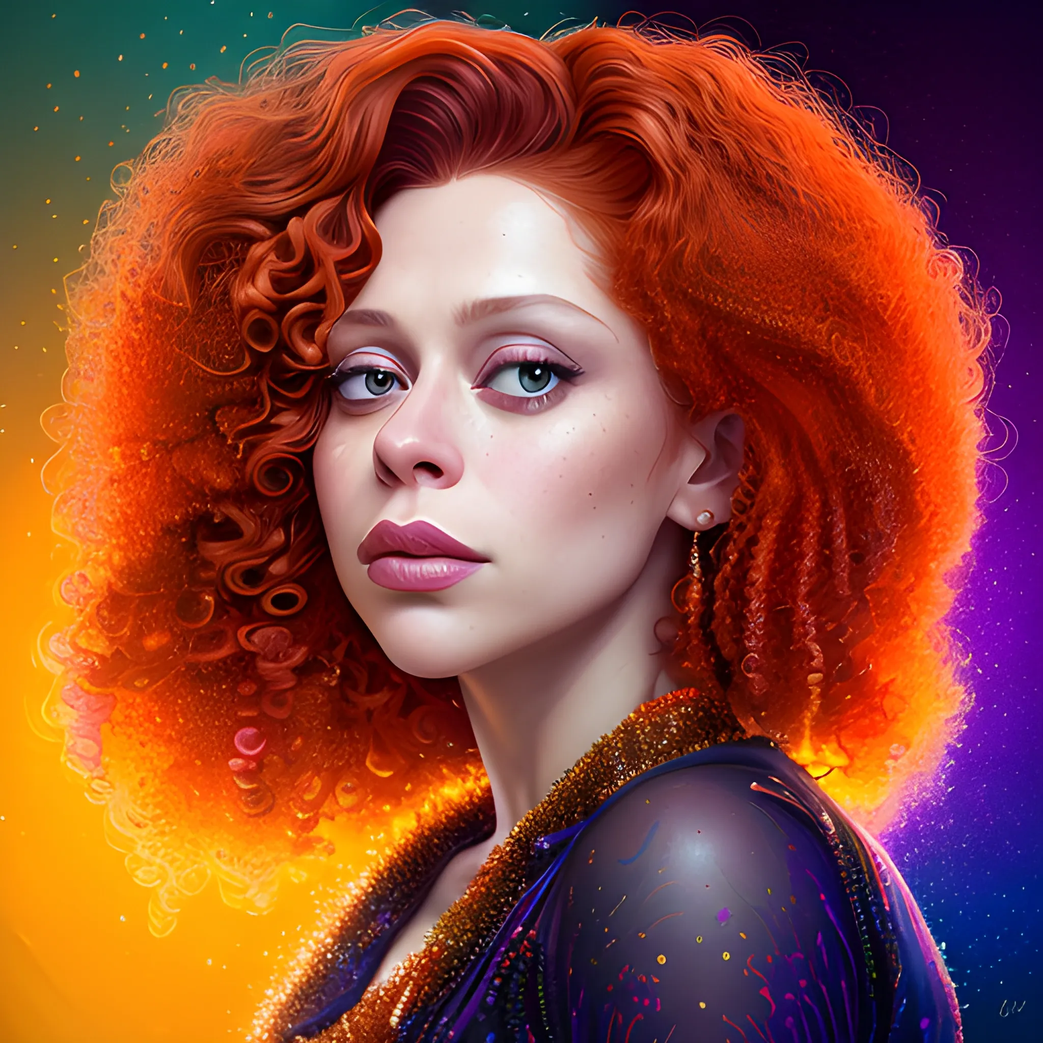 hyperdetailed oil on canvas, brown-eyed Natasha Lyonne, striking brown eyes, beautiful flawless, unblemished face, meticulously detailed red curly hair, orange, red, purple, luminous colorful sparkles; James R. Eads, Gawki, rajewel, Tania Rivilis, Dan Mumford, glitter, airbrush, Octane Render, elegant, volumetric lighting