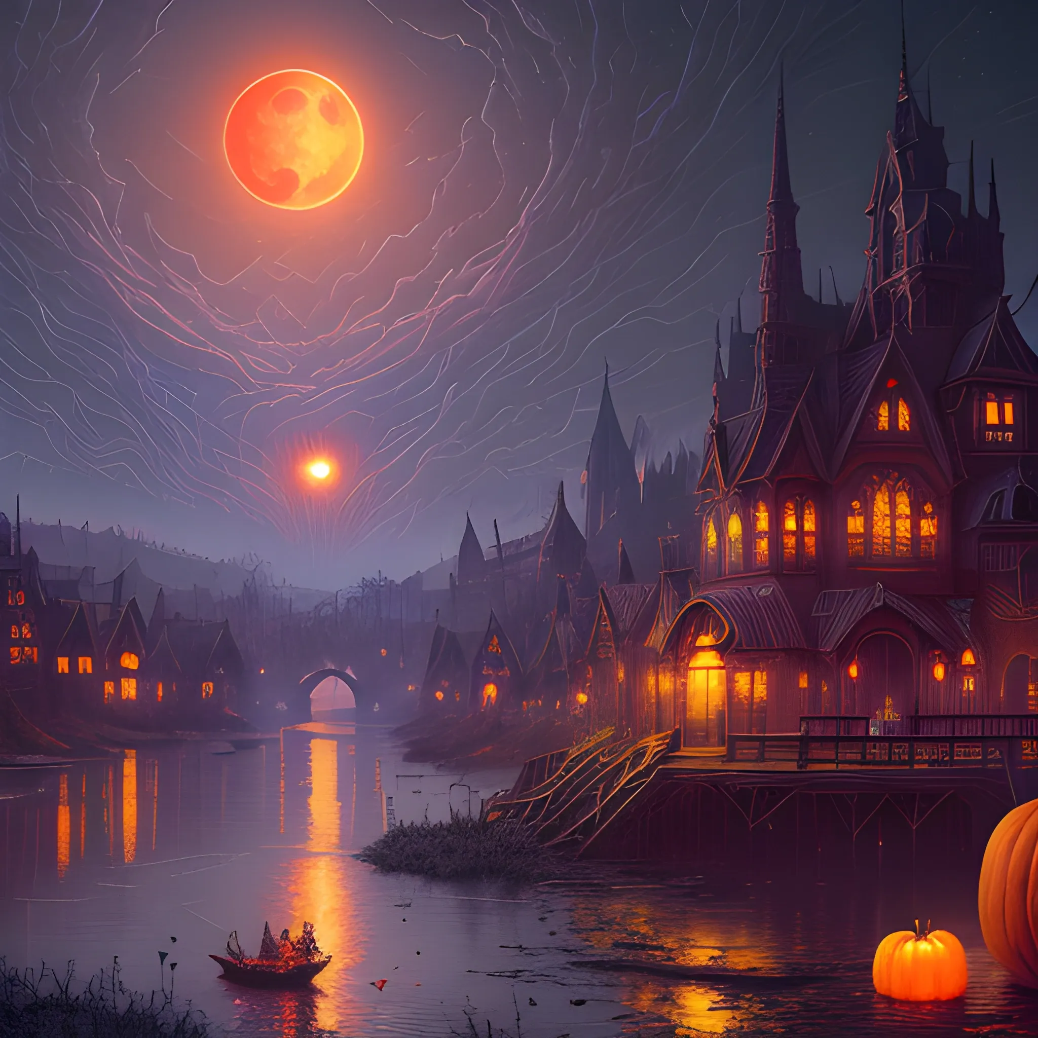 hyperdetailed oil on canvas, red moon shining down on a river, pumpkins, bats, orange, purple, luminous colorful sparkles, haunted, ominous, eldritch, macabre, spooky; by James R. Eads, Gawki, rajewel, Tania Rivilis, Dan Mumford, glitter, airbrush, Octane Render, elegant, volumetric lighting, 16k; detailed matte painting, deep color, fantastical, intricate detail, splash screen, complementary colors, fantasy concept art, 8k resolution trending on Artstation Unreal Engine 5