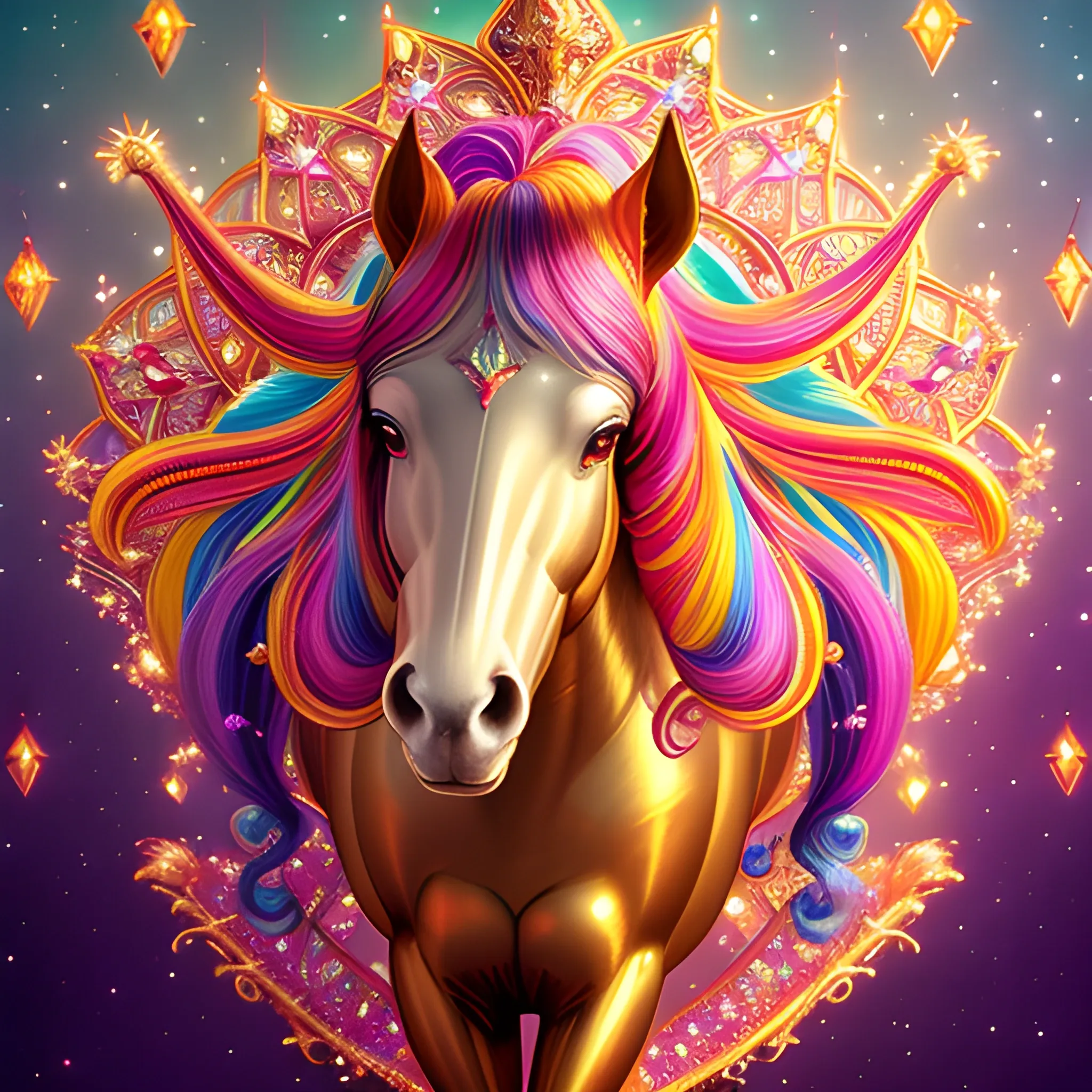 Circus Pony Girl, ornate Circus plumage, standing on a pony, detailed face, surrounded by luminous colorful sparkles, gypsy, carnival, airbrush, Renaissance, depth of field, Octane Render, by Gaspar Camps, Maxfield Parrish, Alphonse Mucha, Cyril Rolando,16k