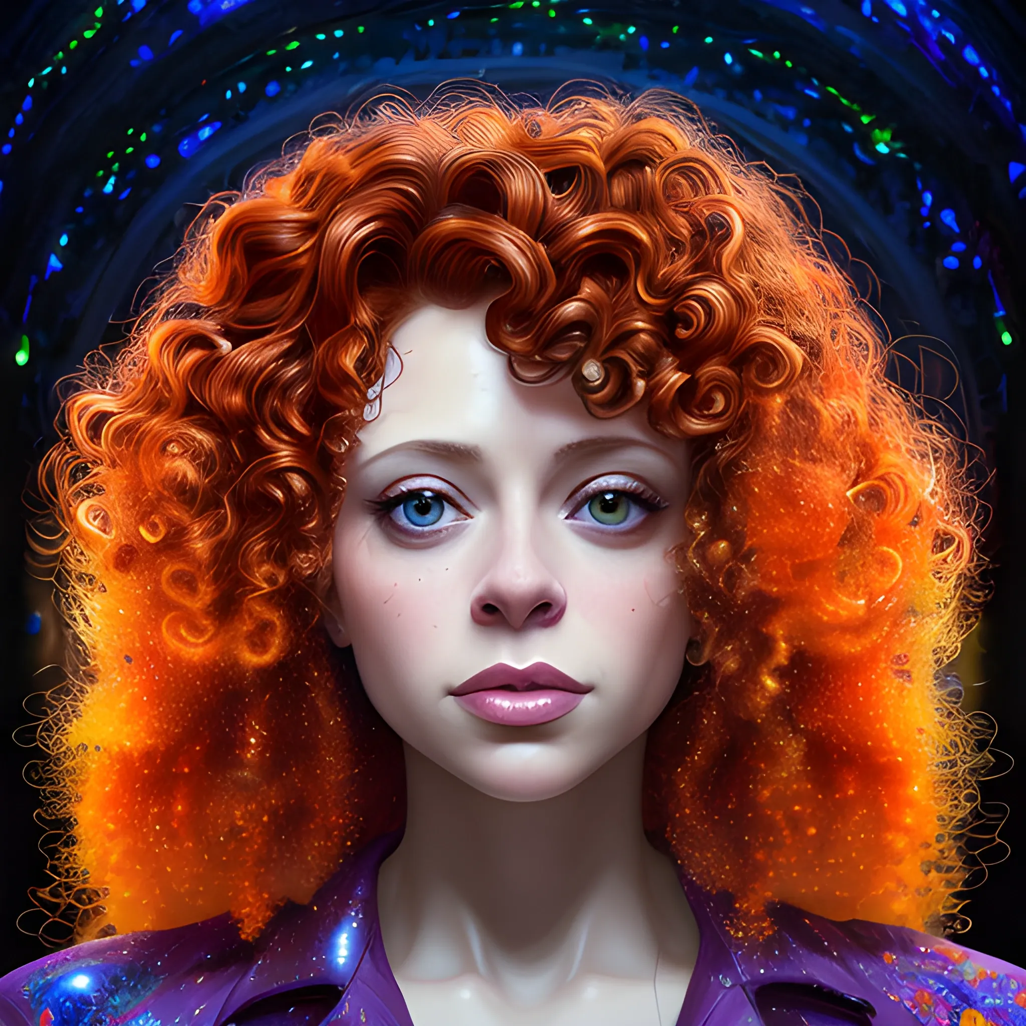 hyperdetailed oil on canvas, brown-eyed Natasha Lyonne, striking brown eyes, beautiful flawless, unblemished face, meticulously detailed red curly hair, orange, red, purple, luminous colorful sparkles; James R. Eads, Gawki, rajewel, Tania Rivilis, Dan Mumford, glitter, airbrush, Octane Render, elegant, volumetric lighting