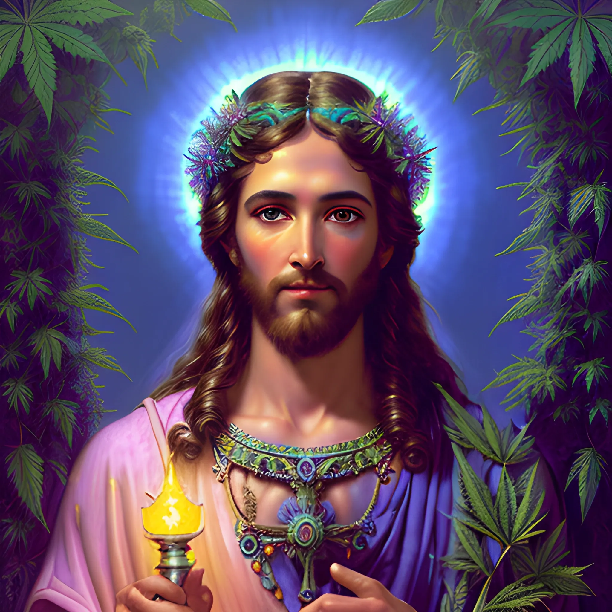 eoclassicist colorful blacklight uv highly detailed painting of Jesus as a marijuana goddess, ethereal fantasy hyperdetailed mist, maximalist matte painting, polished, realistic oil painting; old fashioned, vintage, antique; luminous color sparkles, marijuana, by gaston bussiere, craig mullins, j. c. leyendecker, norman rockwell