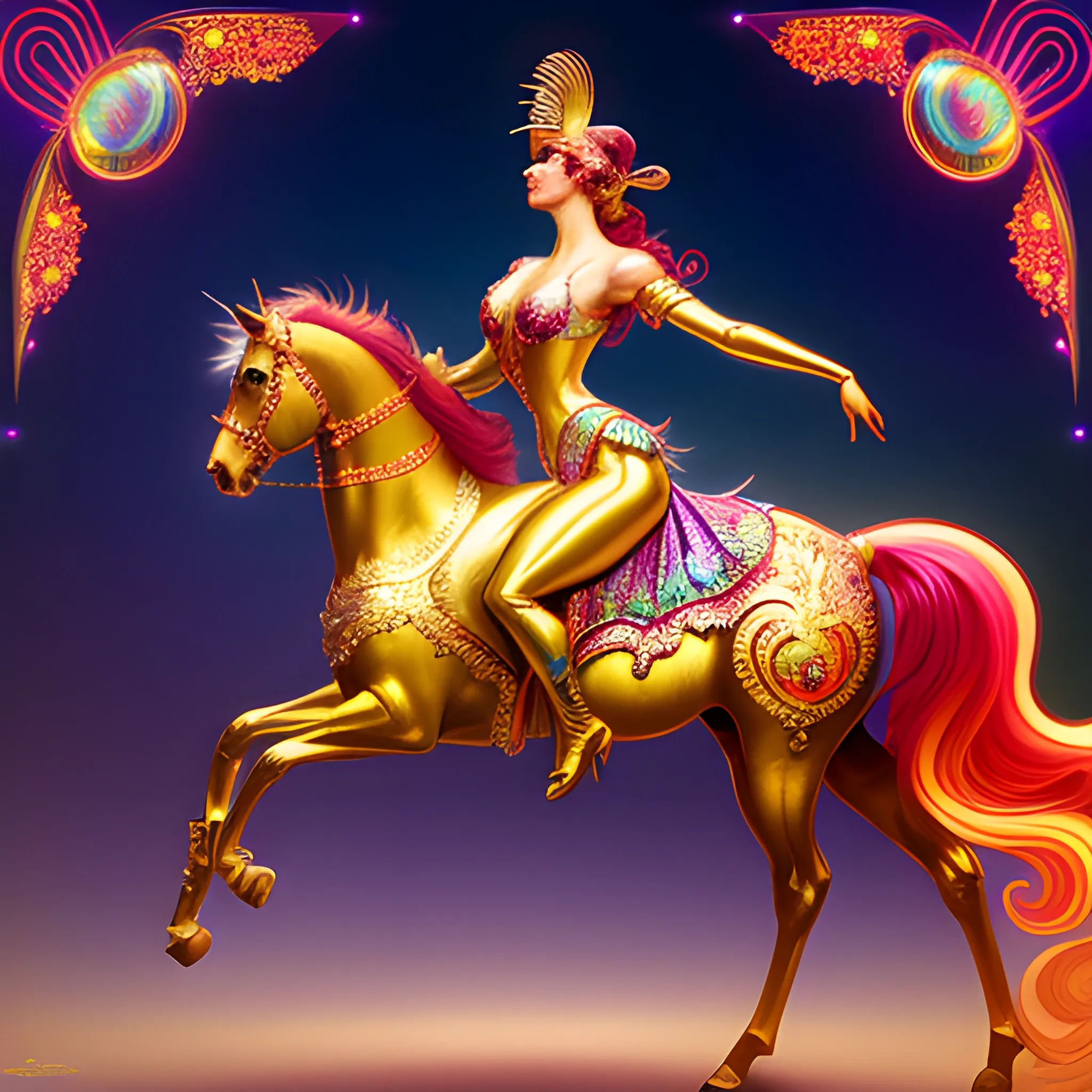 Circus Pony Girl, ornate Circus plumage, standing on a pony, detailed face, surrounded by luminous colorful sparkles, gypsy, carnival, airbrush, Renaissance, depth of field, Octane Render, by Gaspar Camps, Maxfield Parrish, Alphonse Mucha, Cyril Rolando,16k