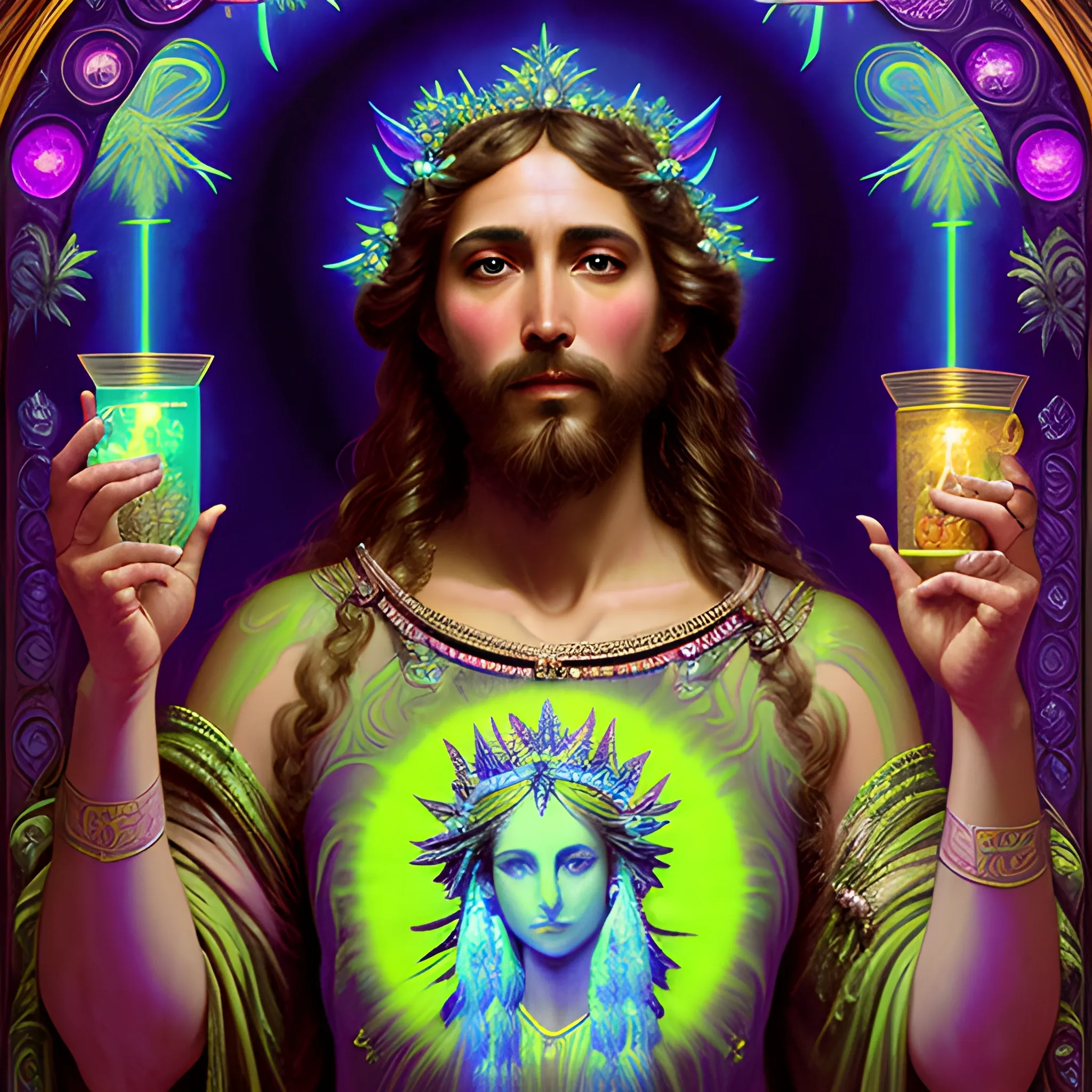 eoclassicist colorful blacklight uv highly detailed painting of Jesus as a marijuana goddess, ethereal fantasy hyperdetailed mist, maximalist matte painting, polished, realistic oil painting; old fashioned, vintage, antique; luminous color sparkles, marijuana, by gaston bussiere, craig mullins, j. c. leyendecker, norman rockwell