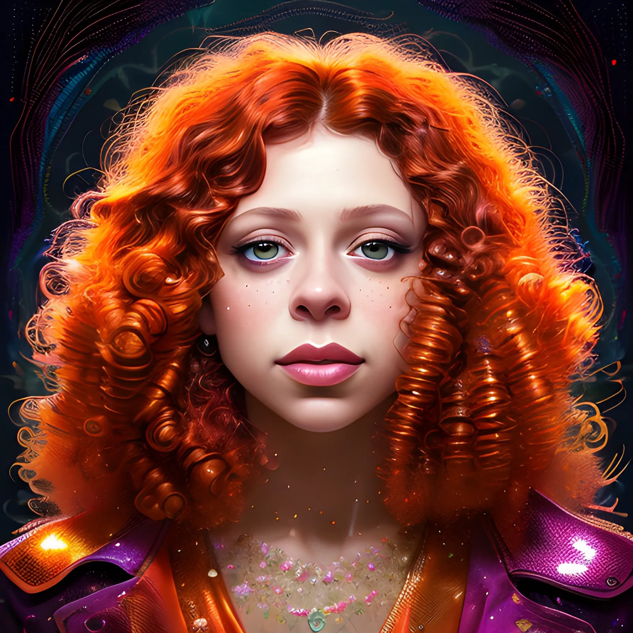 hyperdetailed oil on canvas, brown-eyed Natasha Lyonne, striking brown eyes, beautiful flawless, unblemished face, meticulously detailed red curly hair, orange, red, purple, luminous colorful sparkles; James R. Eads, Gawki, rajewel, Tania Rivilis, Dan Mumford, glitter, airbrush, Octane Render, elegant, volumetric lighting