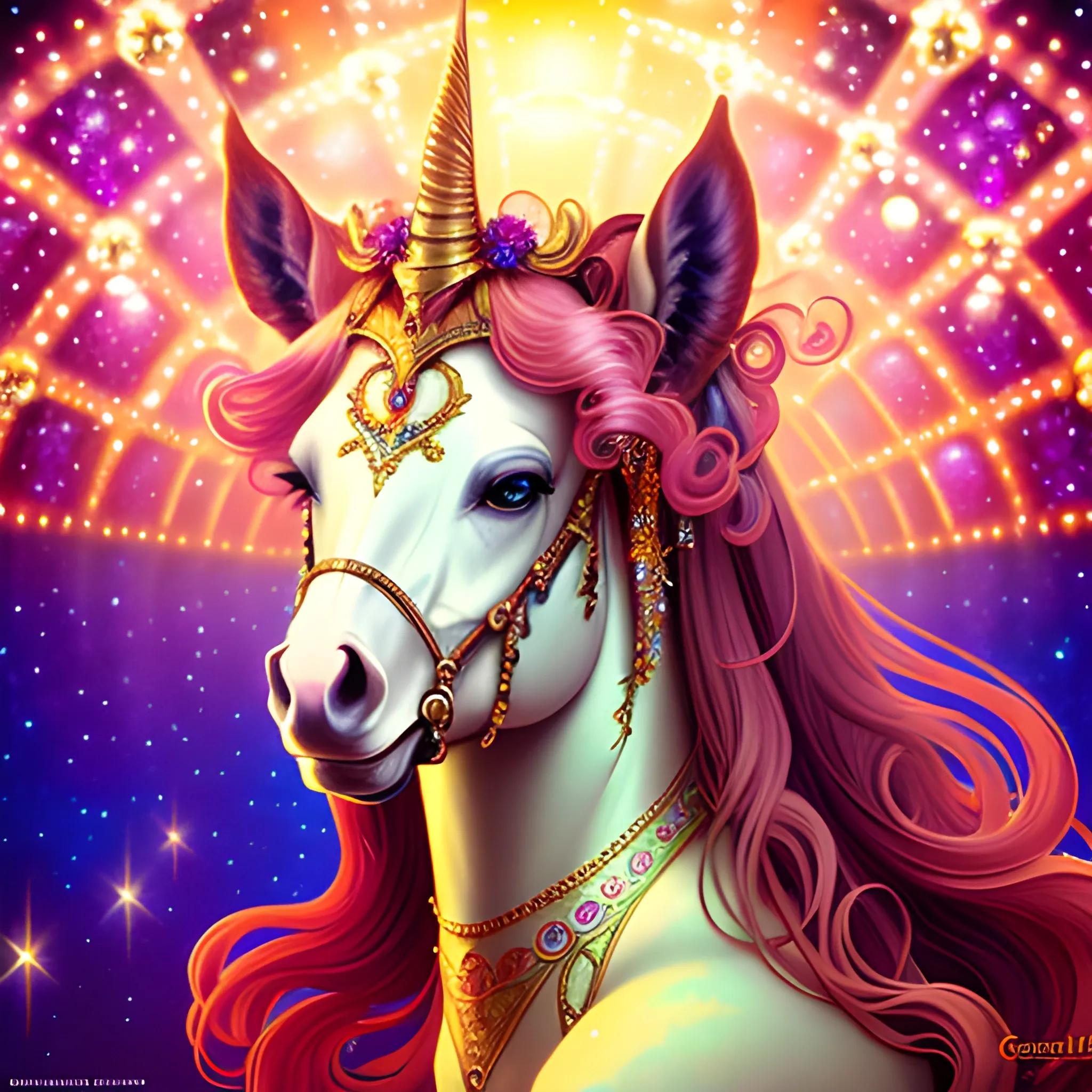 Circus Pony Girl, ornate Circus plumage, detailed face, surrounded by luminous colorful sparkles, gypsy, carnival, airbrush, Renaissance, depth of field, Octane Render, by Gaspar Camps, Maxfield Parrish, Alphonse Mucha, Cyril Rolando,16k