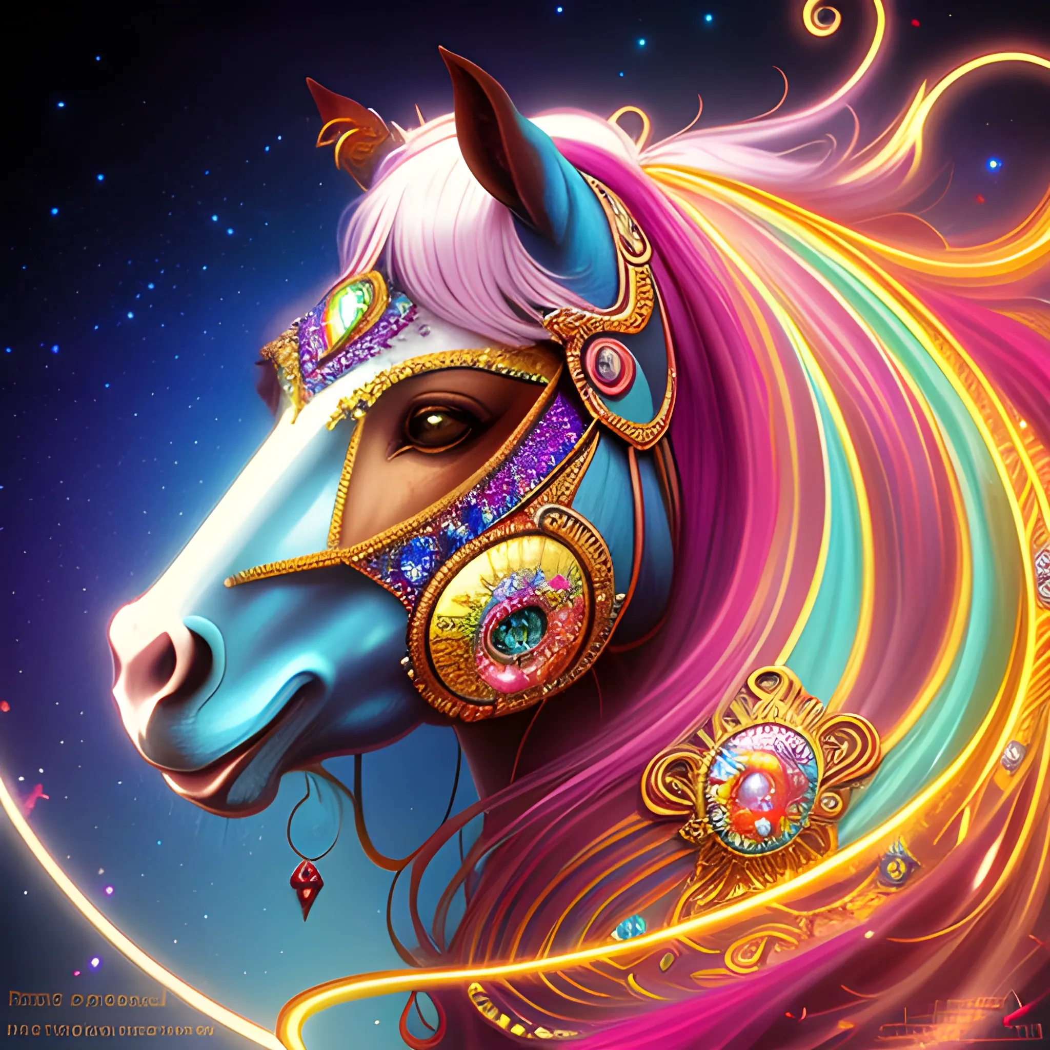 Circus Pony Girl, ornate Circus plumage, detailed face, surrounded by luminous colorful sparkles, gypsy, carnival, airbrush, Renaissance, depth of field, Octane Render, by Gaspar Camps, Maxfield Parrish, Alphonse Mucha, Cyril Rolando,16k