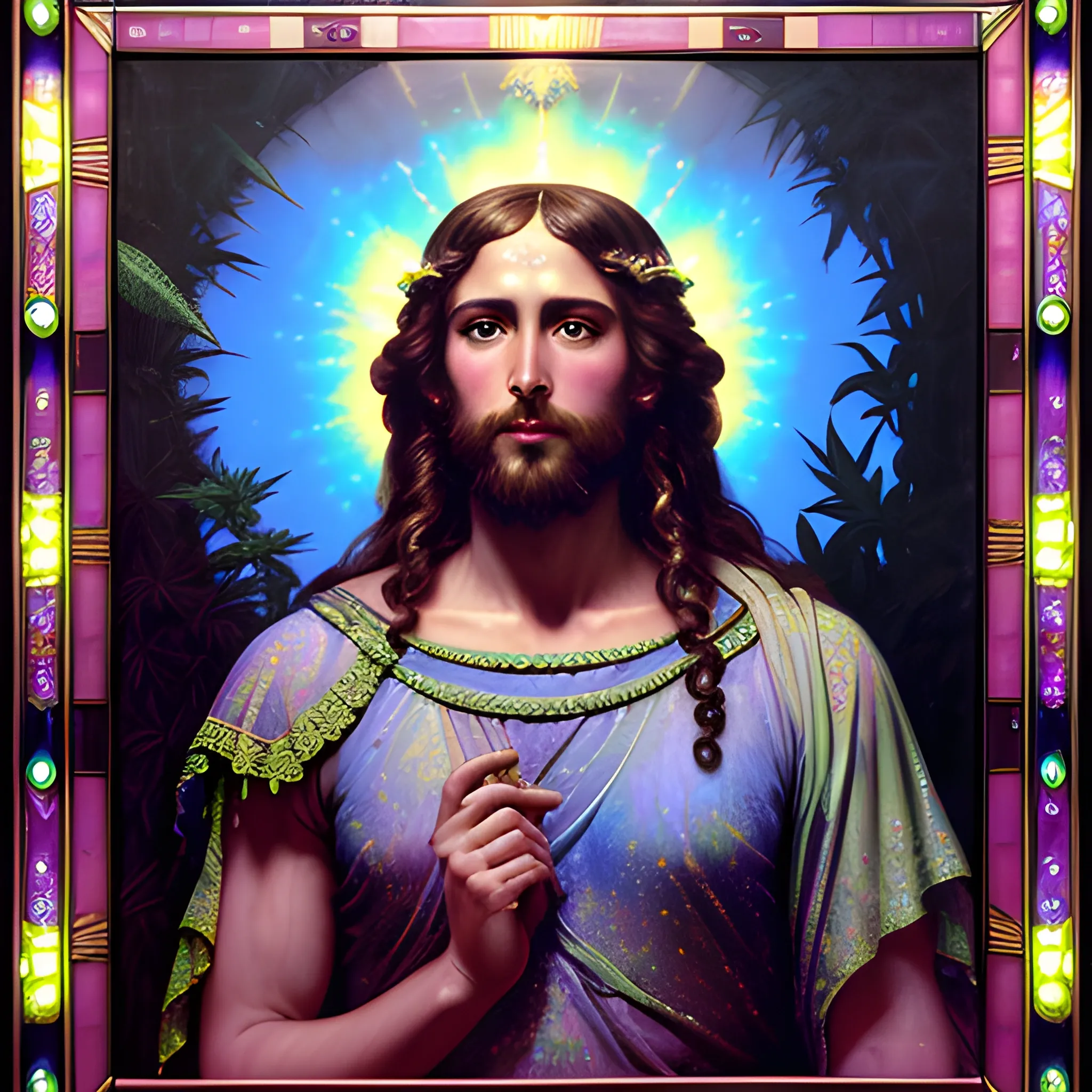 eoclassicist colorful blacklight uv highly detailed painting of Jesus as a marijuana goddess, ethereal fantasy hyperdetailed mist, maximalist matte painting, polished, realistic oil painting; old fashioned, vintage, antique; luminous color sparkles, marijuana, by gaston bussiere, craig mullins, j. c. leyendecker, norman rockwell