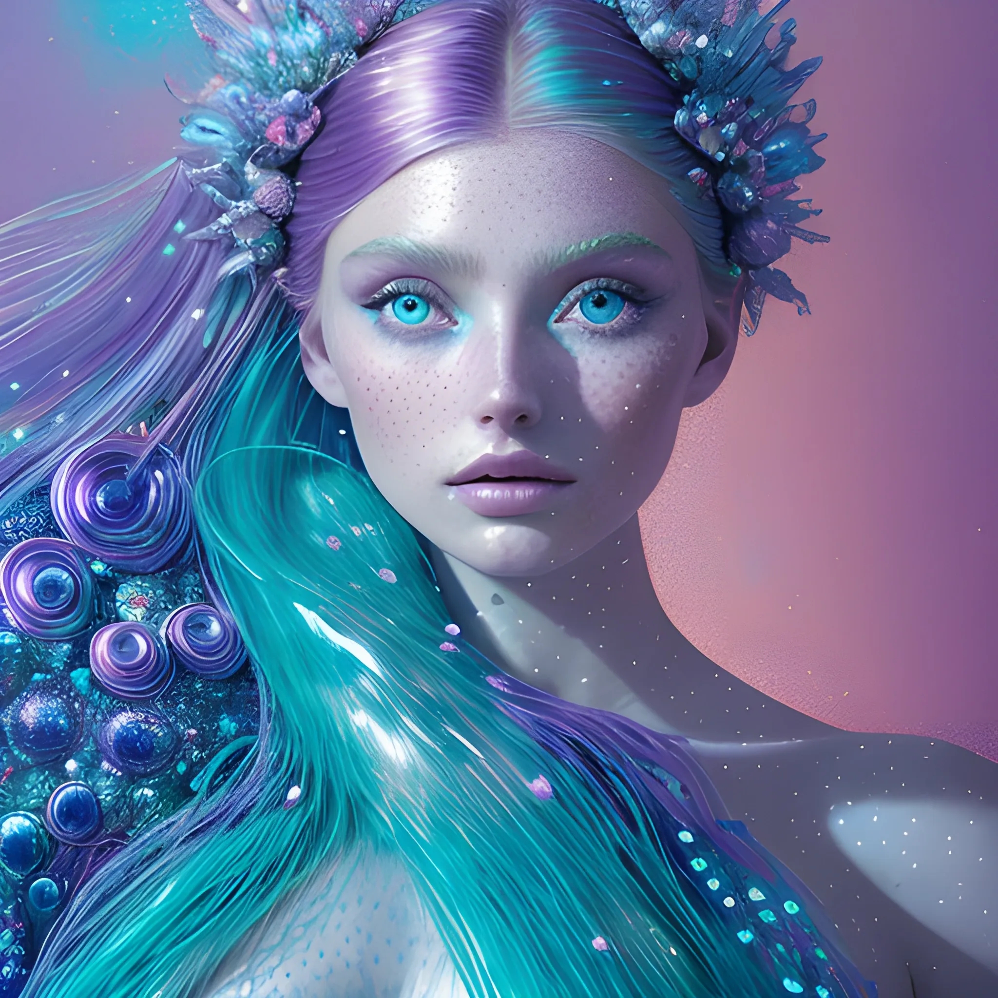 hyperdetailed oil on canvas, beautiful Elsa Hosk as a mermaid, beautiful lavender turquoise speckled eyes, her perfect, softly freckled, precisely detailed face, multi-hued dark hair, purple blue pink luminous color sparkles; Aja Trier, James R. Eads, Gawki, rajewel, Tania Rivilis, glitter, airbrush, Octane Render, volumetric lighting