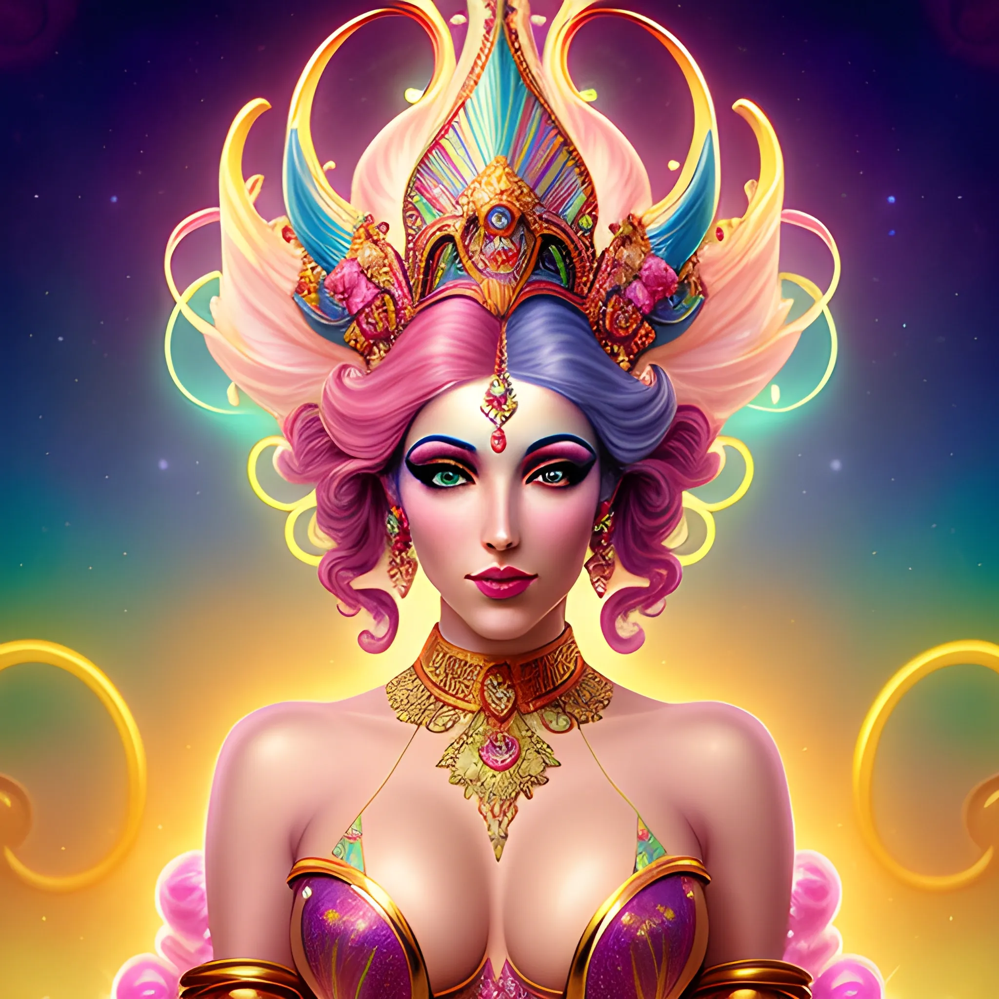 Cotton Candy Girl, ornate Circus plumage, detailed face, surrounded by luminous colorful sparkles, gypsy, carnival, airbrush, Renaissance, depth of field, Octane Render, by Gaspar Camps, Maxfield Parrish, Alphonse Mucha, Cyril Rolando,16k