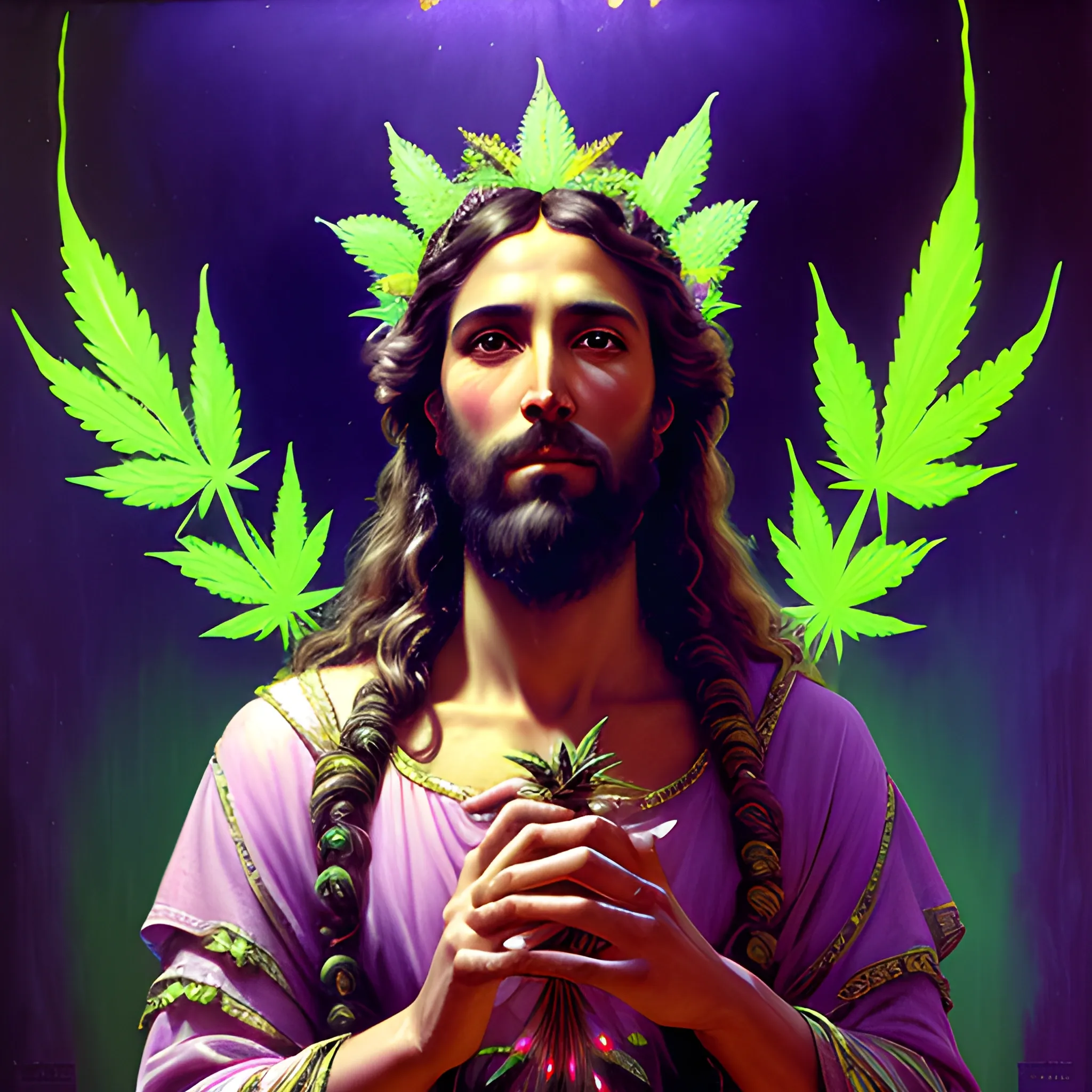 eoclassicist colorful blacklight uv highly detailed painting of Jesus as a marijuana goddess, ethereal fantasy hyperdetailed mist, maximalist matte painting, polished, realistic oil painting; old fashioned, vintage, antique; luminous color sparkles, marijuana, by gaston bussiere, craig mullins, j. c. leyendecker, norman rockwell