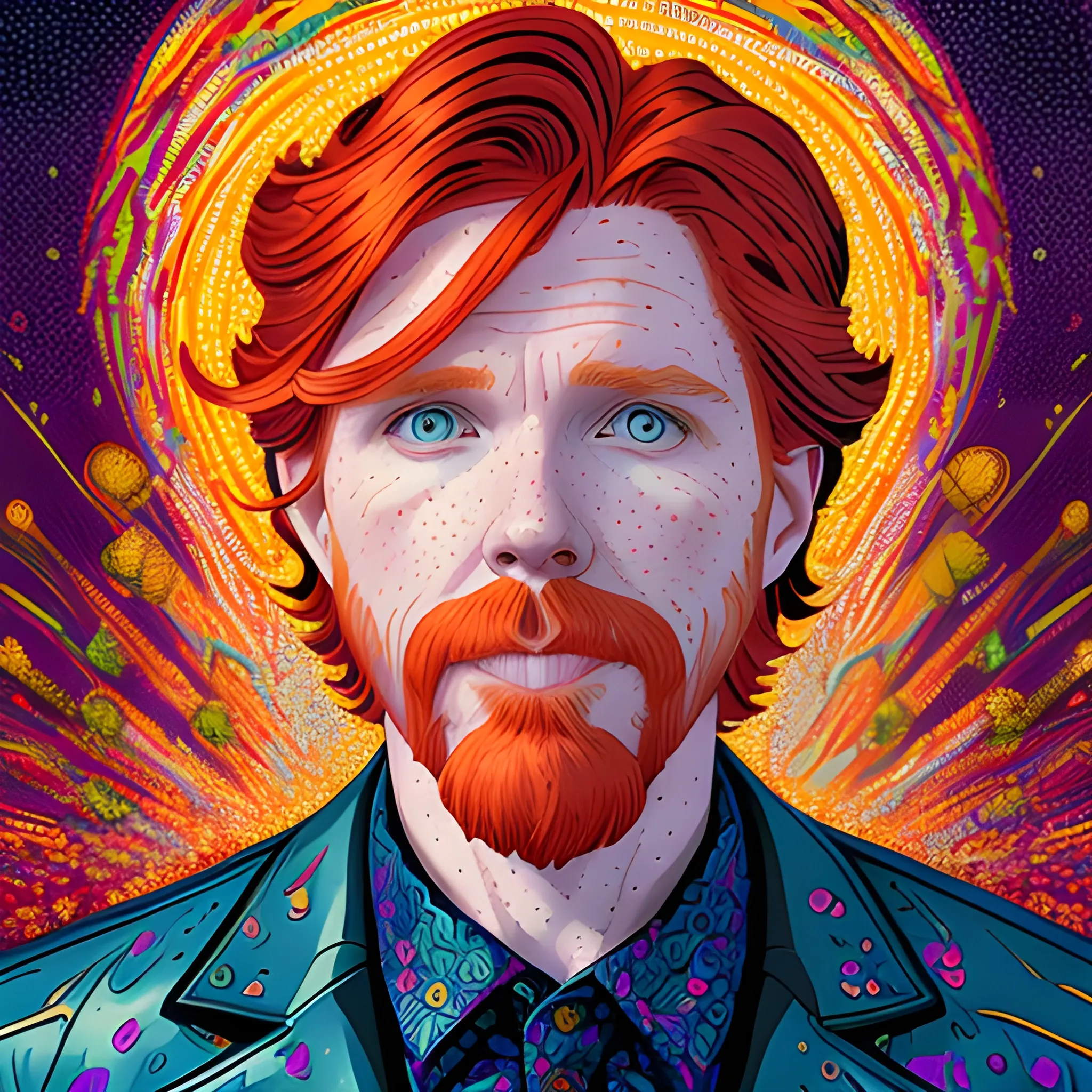 male actor Courtney Gains, his highly detailed handsome face, meticulously detailed multi-hued red hair; by James R. Eads, Fausto-Giurescu, Tania Rivilis, Renata-s-art, Dan Mumford; luminous colorful sparkles, glitter, airbrush, depth of field, volumetric lighting, deep color, underground comix