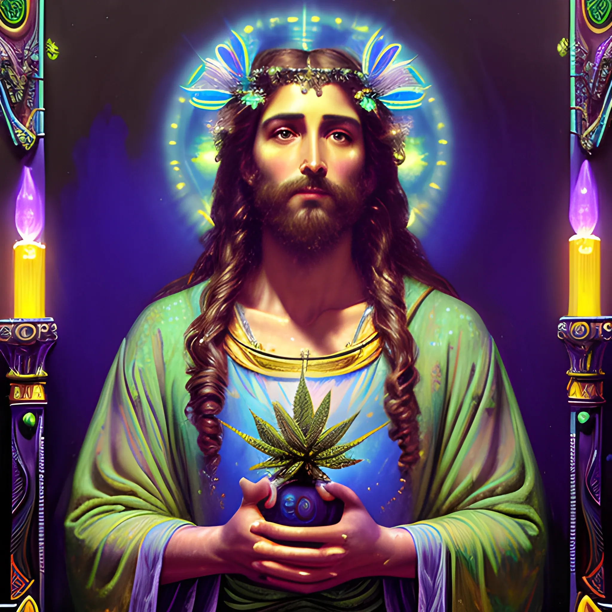 eoclassicist colorful blacklight uv highly detailed painting of Jesus as a marijuana goddess, ethereal fantasy hyperdetailed mist, maximalist matte painting, polished, realistic oil painting; old fashioned, vintage, antique; luminous color sparkles, marijuana, by gaston bussiere, craig mullins, j. c. leyendecker, norman rockwell