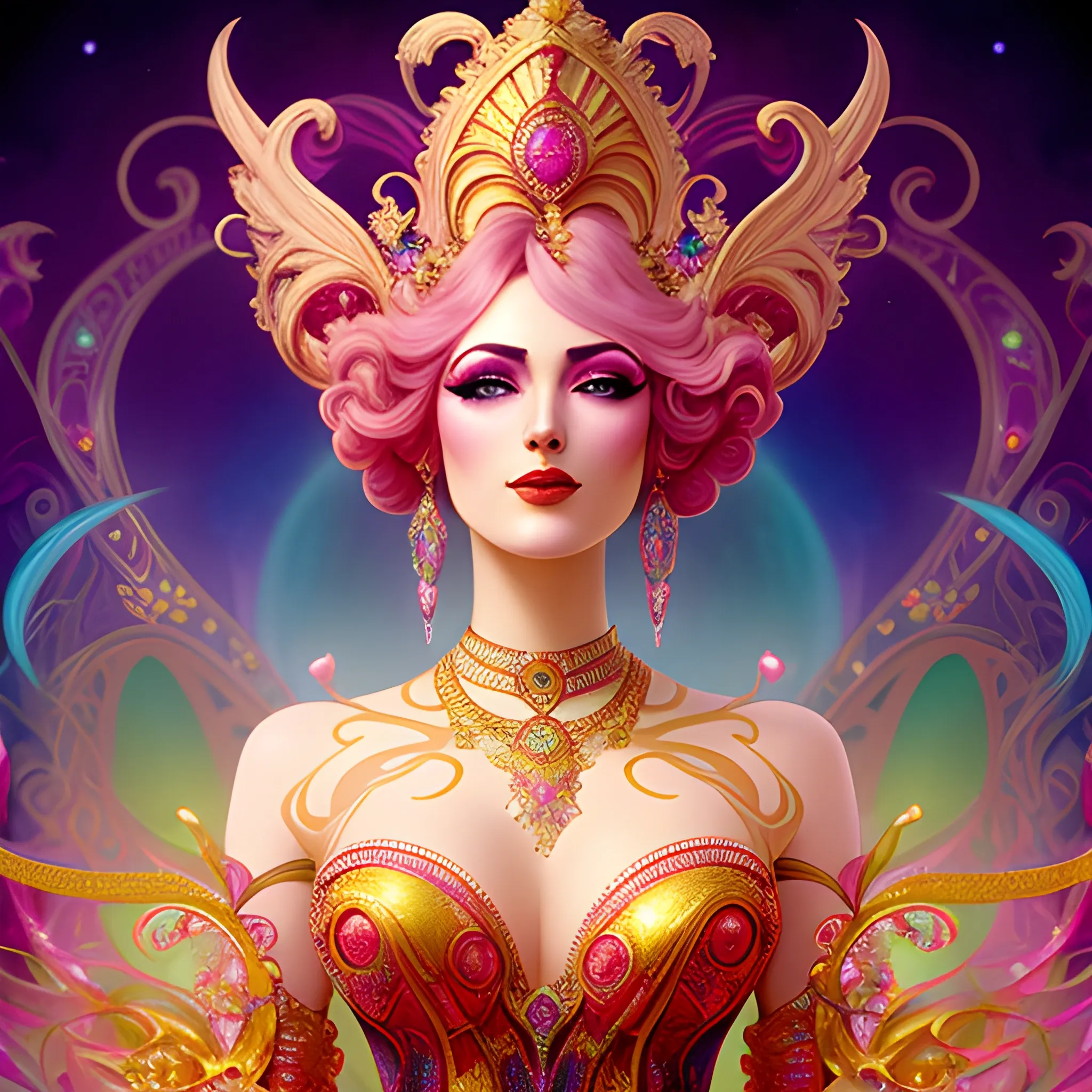 Cotton Candy Girl, ornate Circus plumage, detailed face, surrounded by luminous colorful sparkles, gypsy, carnival, airbrush, Renaissance, depth of field, Octane Render, by Gaspar Camps, Maxfield Parrish, Alphonse Mucha, Cyril Rolando,16k