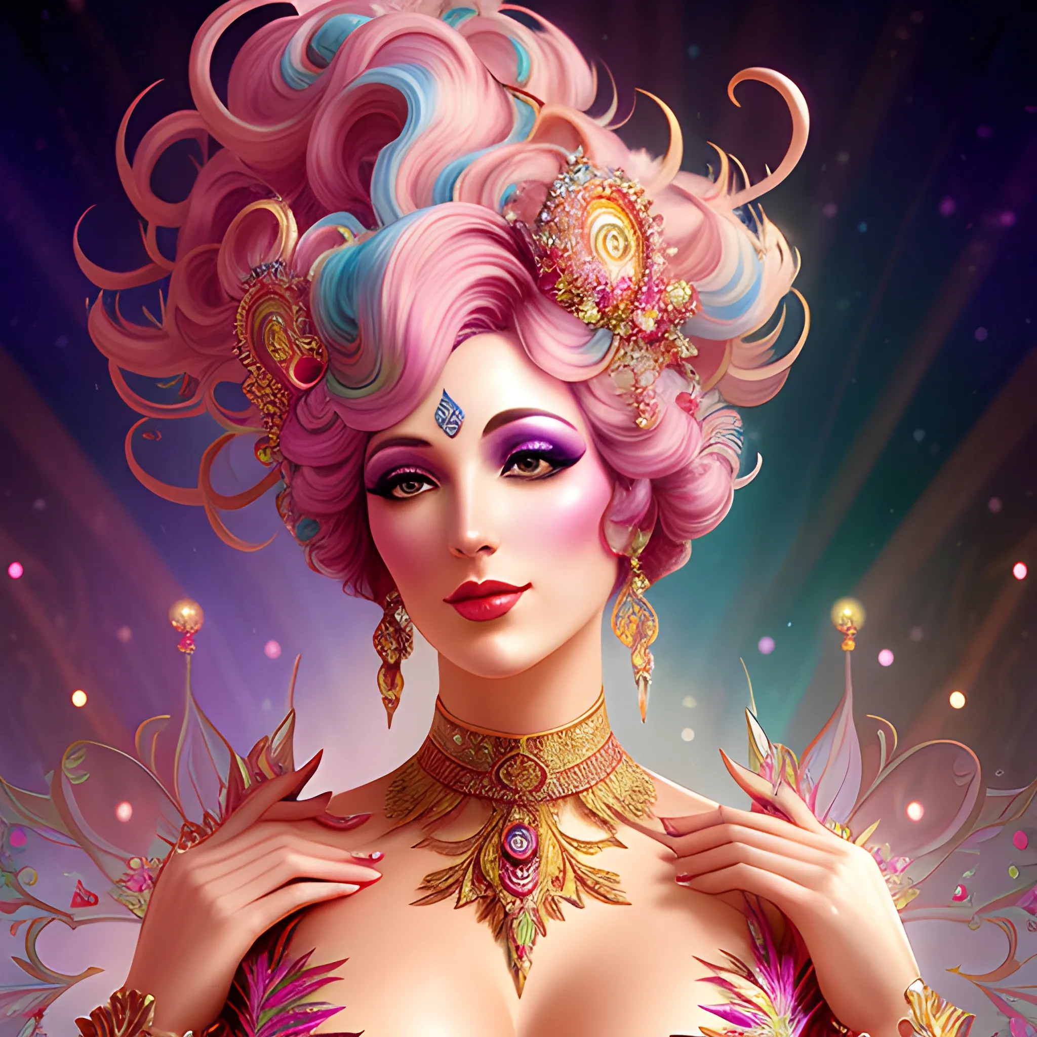 Cotton Candy Girl, ornate Circus plumage, detailed face, surrounded by luminous colorful sparkles, gypsy, carnival, marijuana leaves, airbrush, Renaissance, depth of field, Octane Render, by Gaspar Camps, Maxfield Parrish, Alphonse Mucha, Cyril Rolando,16k