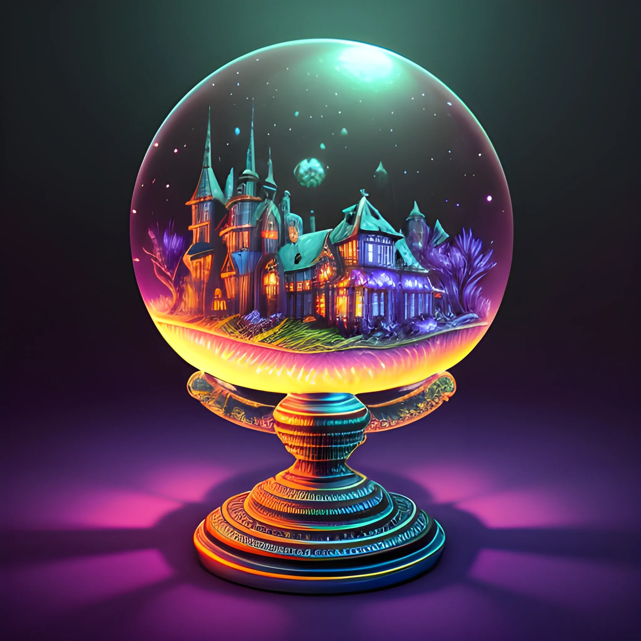 glass globe, 3D haunted mansion, spooky eldritch, luminous color sparkles, bubbling 3D neon moon; 3D Insanely Detailed, Intricate, Fantasy, Cyril Rolando, Artgerm, Jim Burns, Intricate, Elegant, 16k, 3D Sharp Focus, Smooth, Artstation, 3D