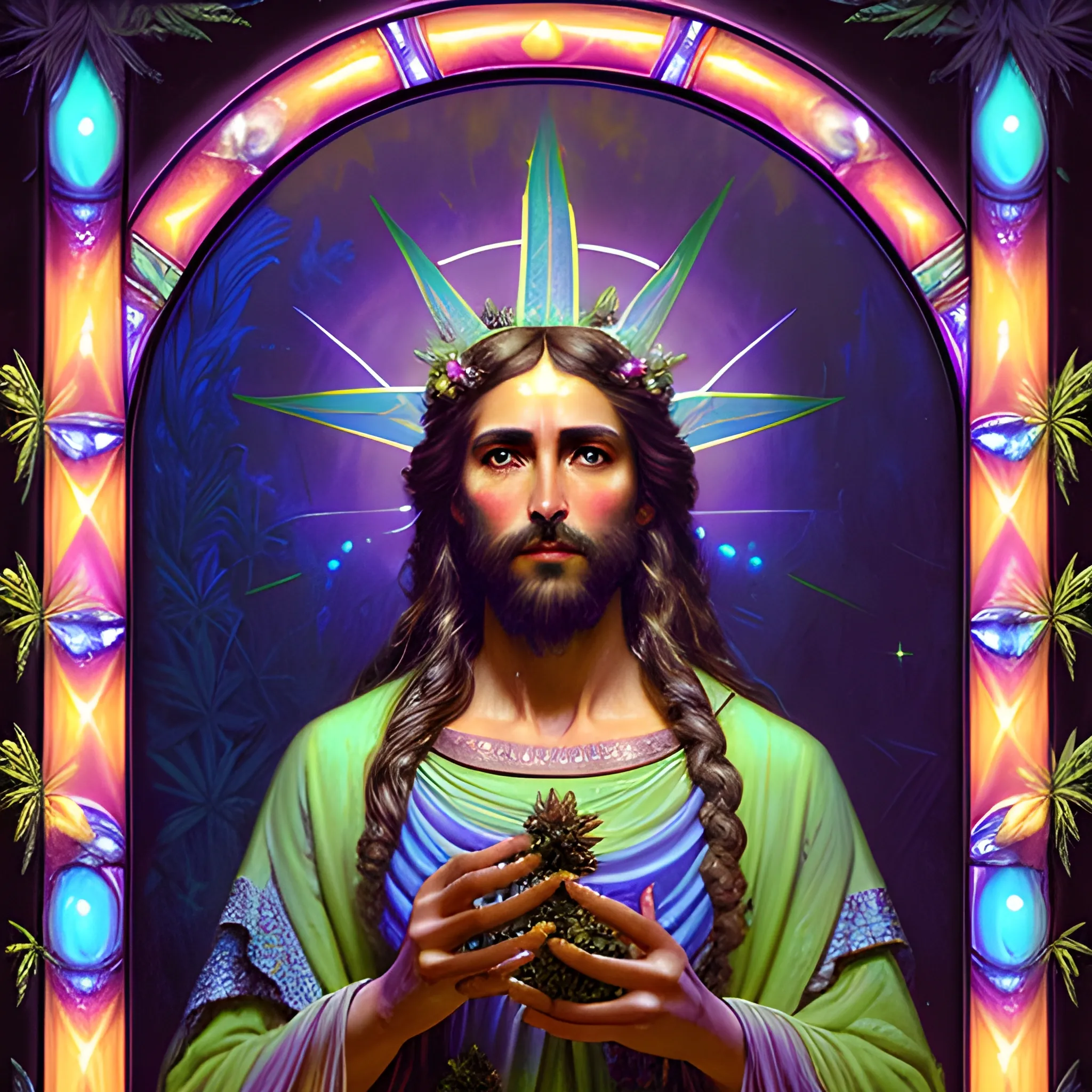 eoclassicist colorful blacklight uv highly detailed painting of Jesus as a marijuana goddess, ethereal fantasy hyperdetailed mist, maximalist matte painting, polished, realistic oil painting; old fashioned, vintage, antique; luminous color sparkles, marijuana, by gaston bussiere, craig mullins, j. c. leyendecker, norman rockwell