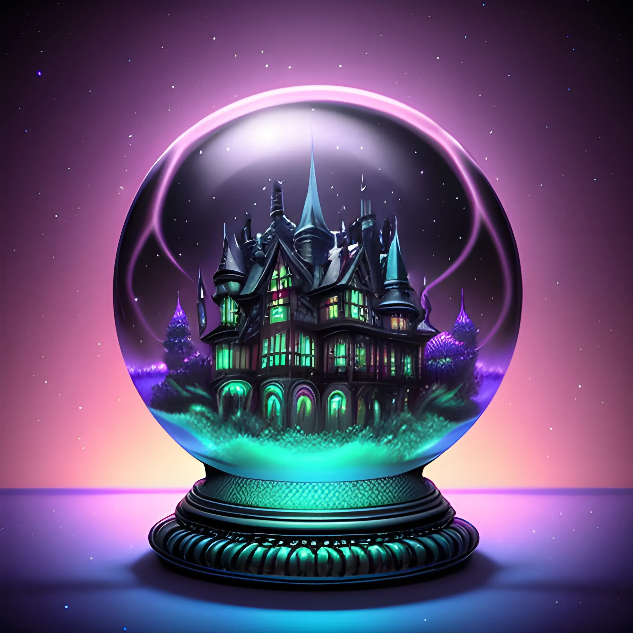 glass globe, 3D haunted mansion, spooky eldritch, luminous color ...