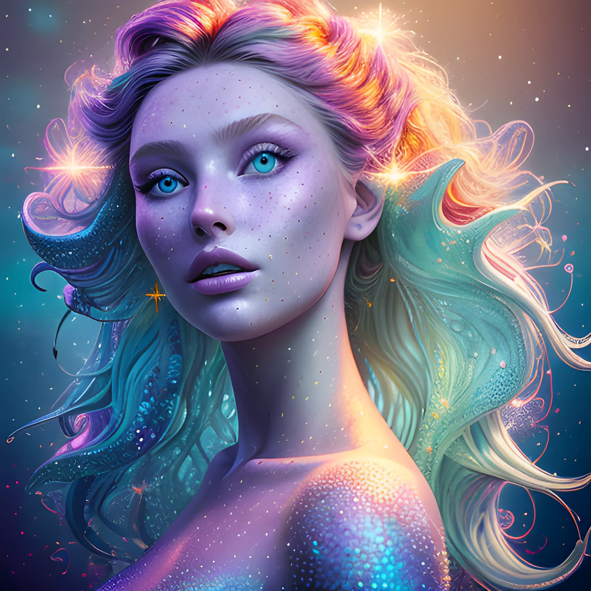 hyperdetailed oil on canvas, beautiful Elsa Hosk as a mermaid, beautiful lavender turquoise speckled eyes, her perfect, softly freckled, precisely detailed face, multi-hued dark hair, purple blue pink green orange red yellow luminous color sparkles; Aja Trier, James R. Eads, Gawki, rajewel, Tania Rivilis, glitter, airbrush, Octane Render, volumetric lighting