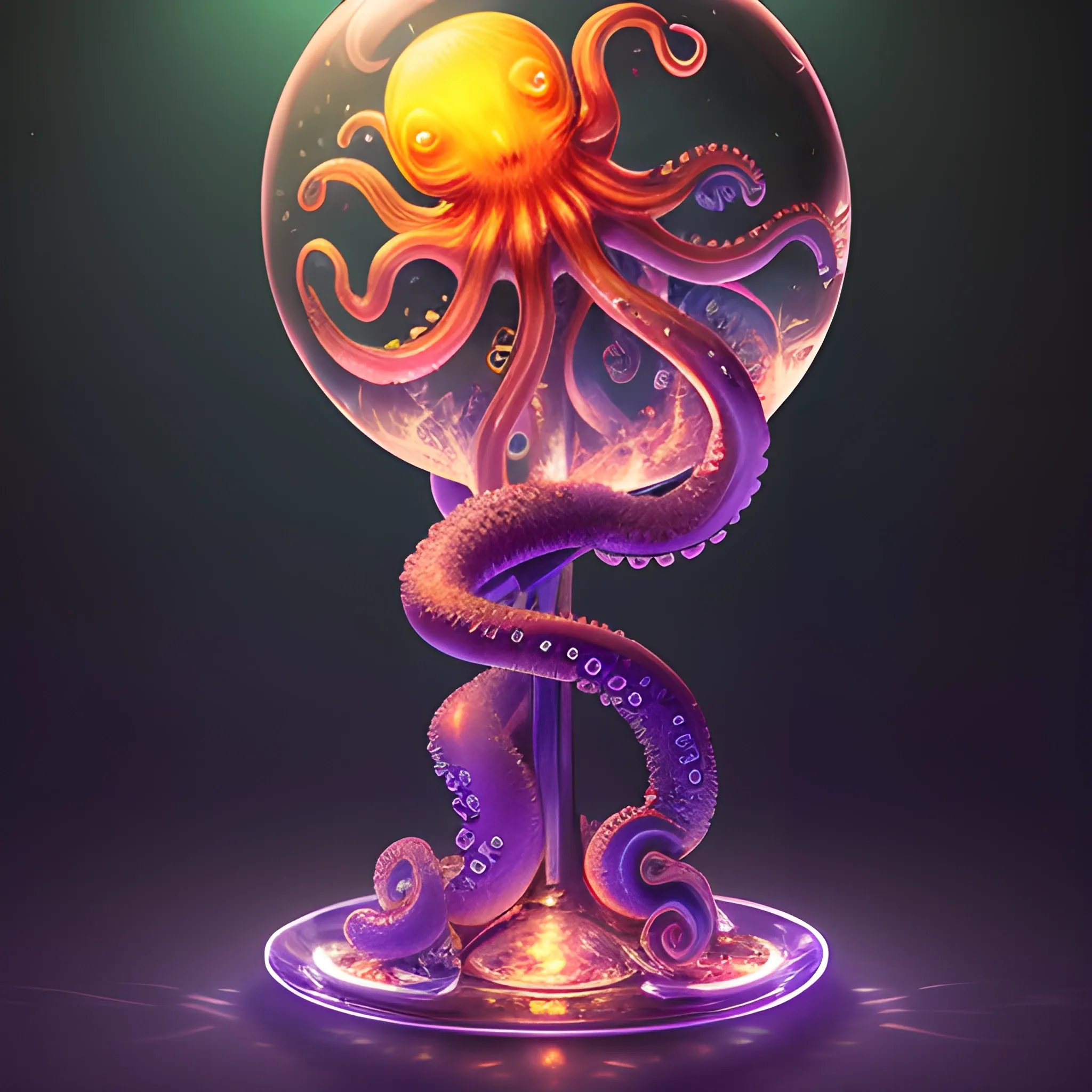 glass globe, 3D octopus, spooky eldritch, luminous color sparkles, bubbling 3D neon moon; 3D Insanely Detailed, Intricate, Fantasy, Cyril Rolando, Artgerm, Jim Burns, Intricate, Elegant, 16k, 3D Sharp Focus, Smooth, Artstation, 3D