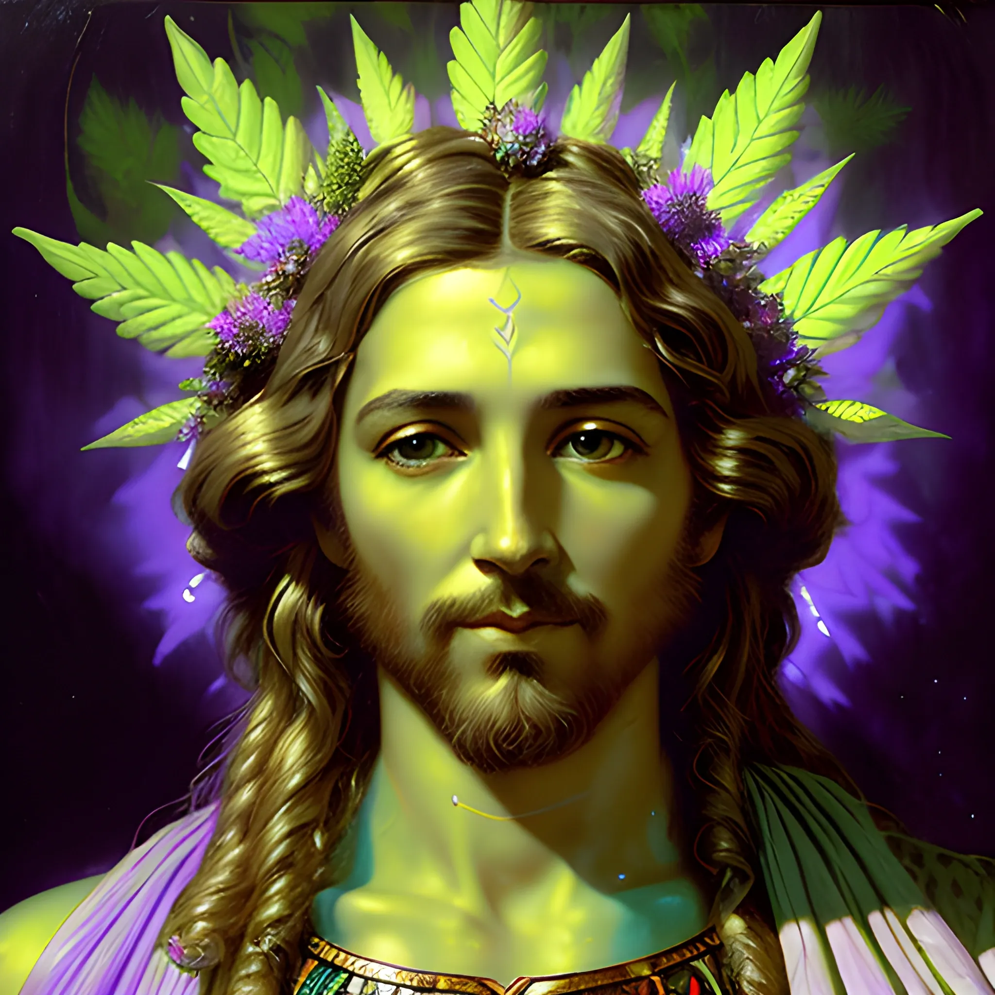 eoclassicist colorful blacklight uv highly detailed painting of Jesus as a marijuana goddess, ethereal fantasy hyperdetailed mist, maximalist matte painting, polished, realistic oil painting; old fashioned, vintage, antique; luminous color sparkles, marijuana, by gaston bussiere, craig mullins, j. c. leyendecker, norman rockwell