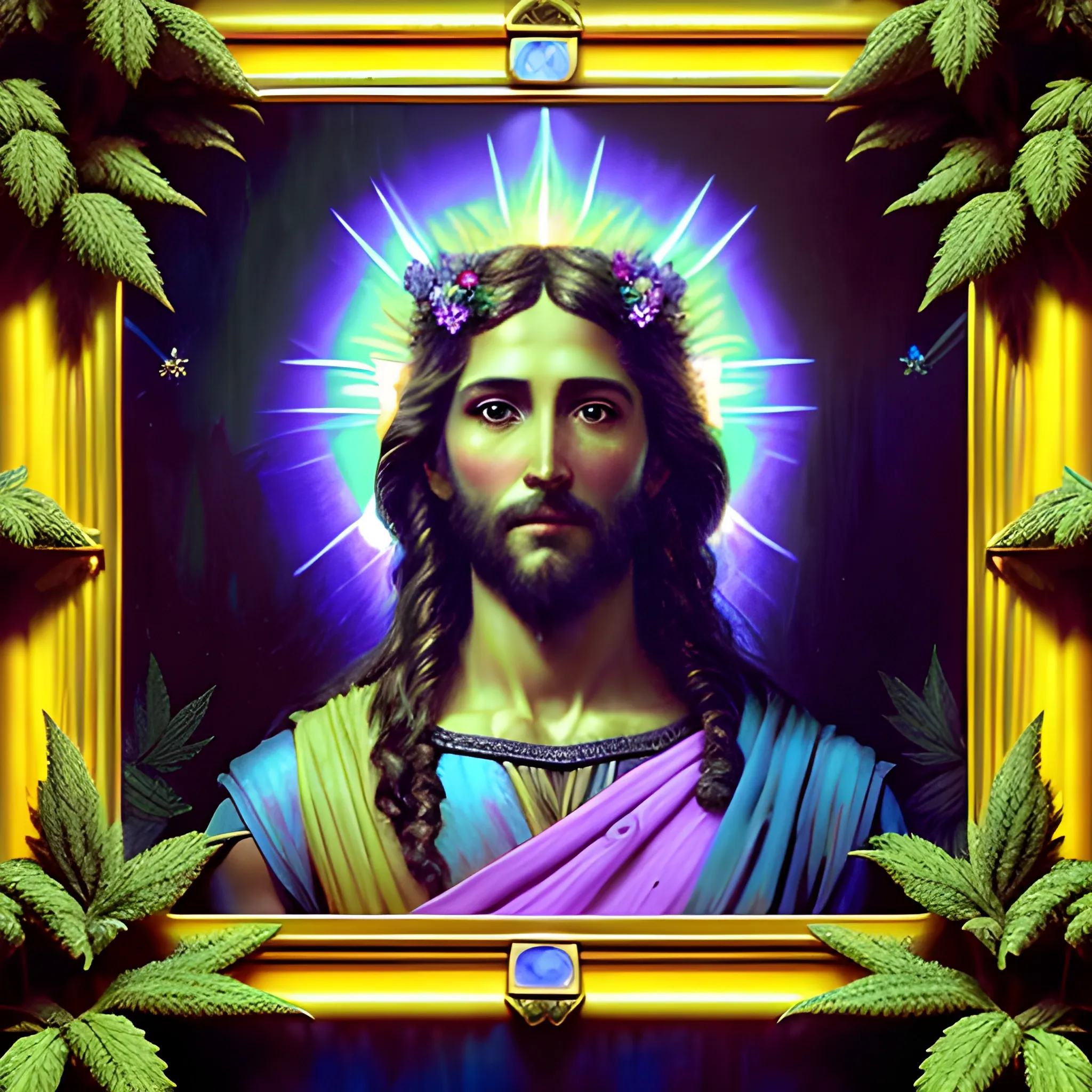 eoclassicist colorful blacklight uv highly detailed painting of Jesus as a marijuana goddess, ethereal fantasy hyperdetailed mist, maximalist matte painting, polished, realistic oil painting; old fashioned, vintage, antique; luminous color sparkles, marijuana, by gaston bussiere, craig mullins, j. c. leyendecker, norman rockwell