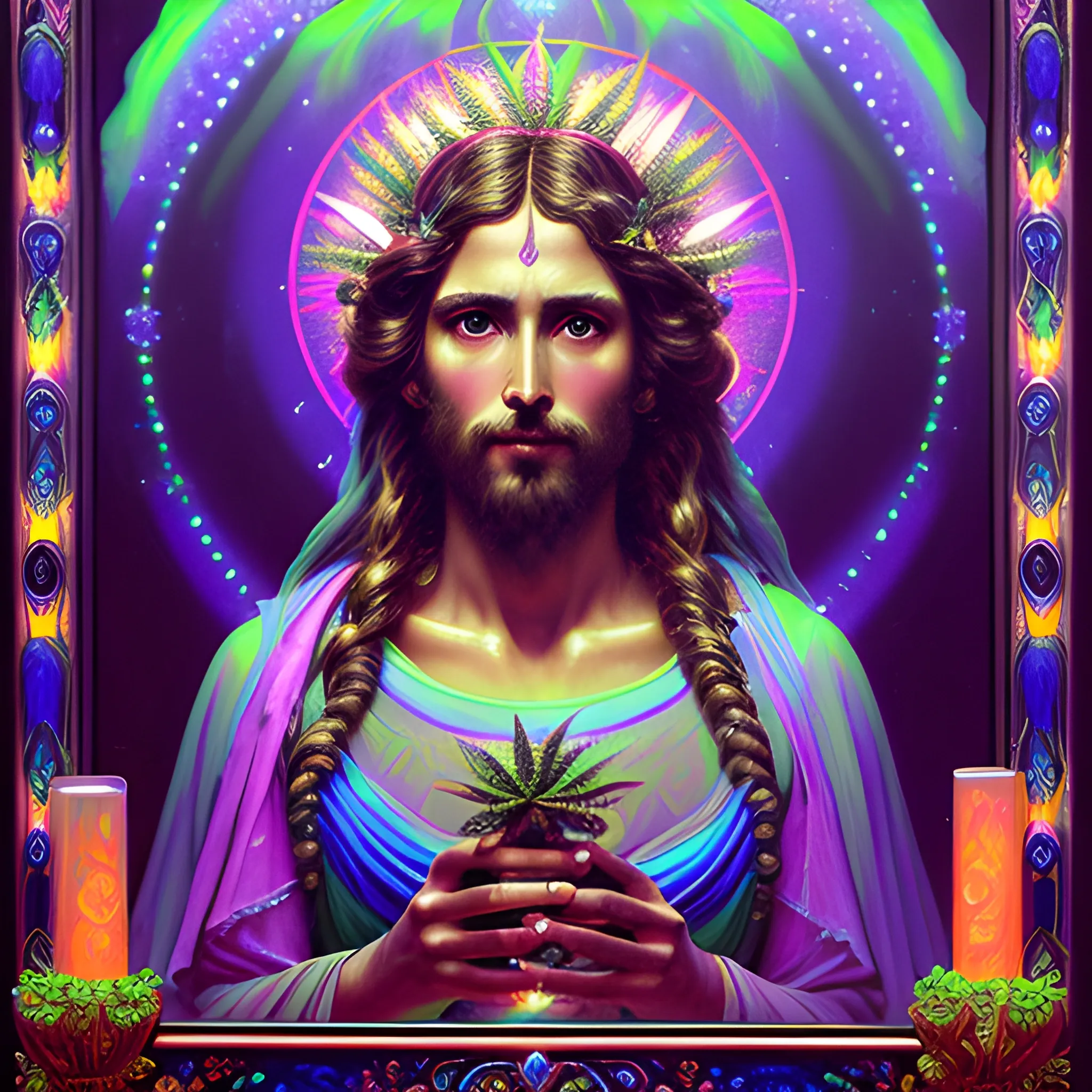 eoclassicist colorful blacklight uv highly detailed painting of Jesus as a marijuana goddess, ethereal fantasy hyperdetailed mist, maximalist matte painting, polished, realistic oil painting; old fashioned, vintage, antique; luminous color sparkles, marijuana, by gaston bussiere, craig mullins, j. c. leyendecker, norman rockwell