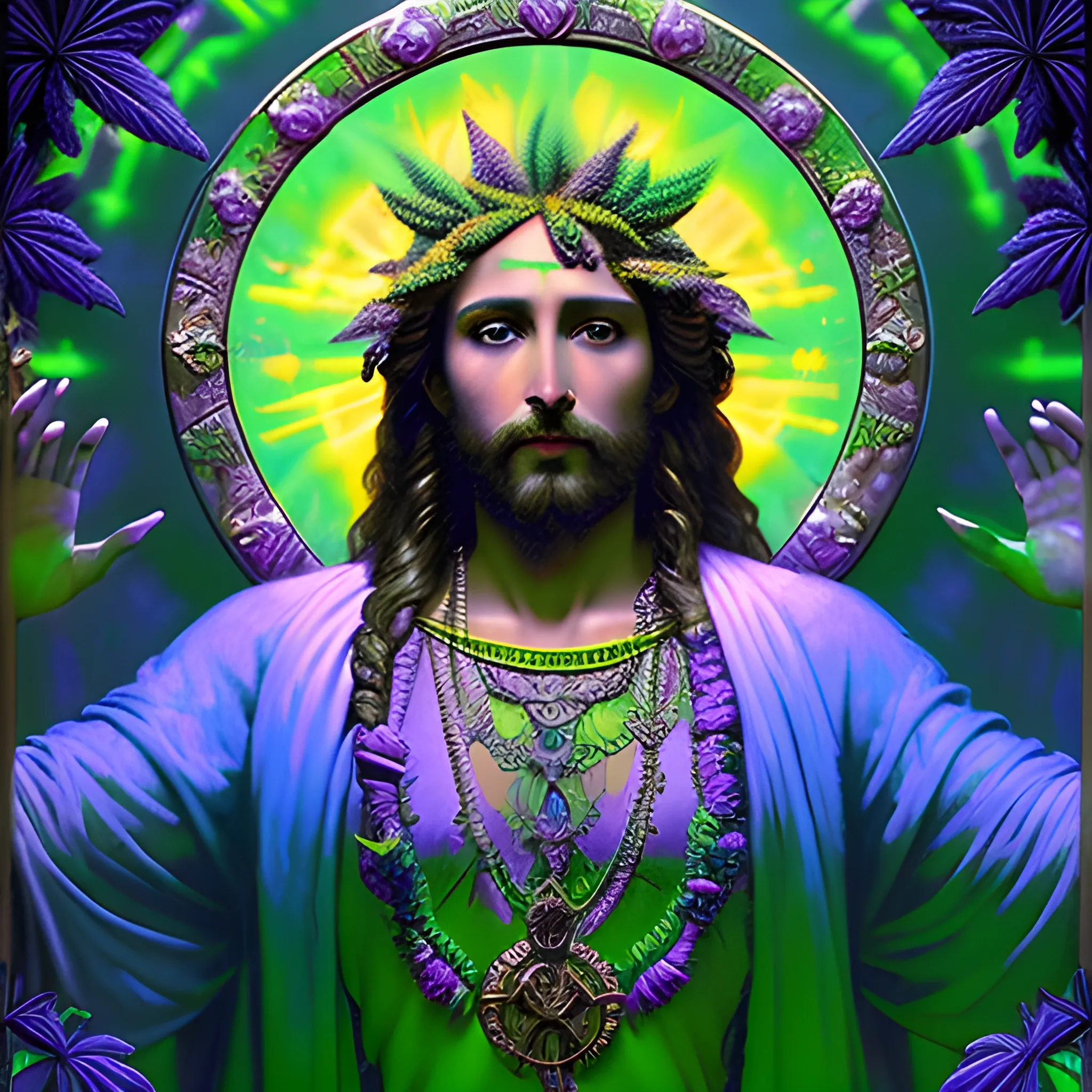 eoclassicist colorful blacklight uv highly detailed painting of Jesus as a marijuana goddess, ethereal fantasy hyperdetailed mist, maximalist matte painting, polished, realistic oil painting; old fashioned, vintage, antique; luminous color sparkles, marijuana, by gaston bussiere, craig mullins, j. c. leyendecker, norman rockwell