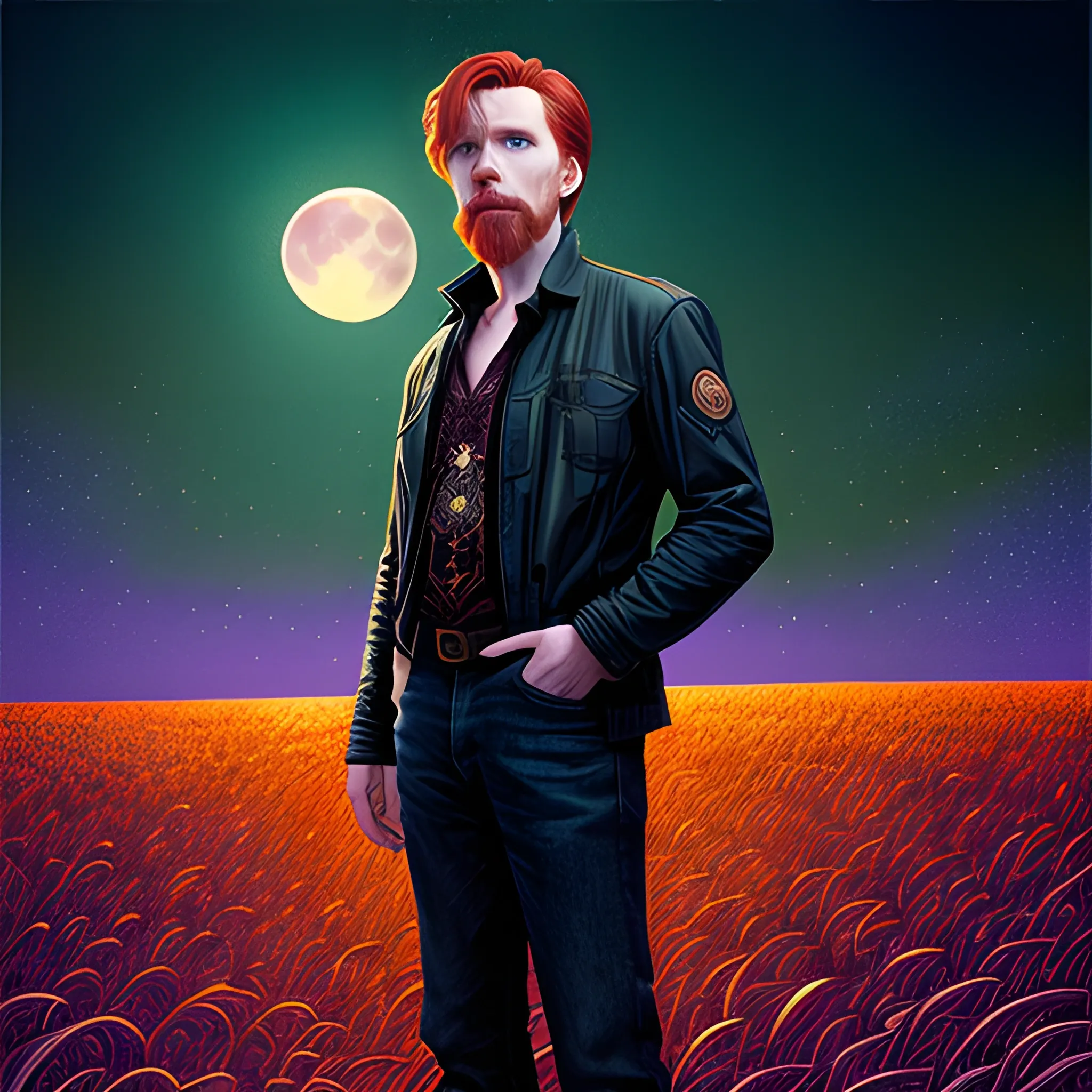 male actor Courtney Gains, his highly detailed handsome face, meticulously detailed multi-hued red hair, standing in a cornfield under a full moon, nebula sky; by James R. Eads, Fausto-Giurescu, Tania Rivilis, Renata-s-art, Dan Mumford; luminous colorful sparkles, glitter, airbrush, depth of field, volumetric lighting, deep color, underground comix