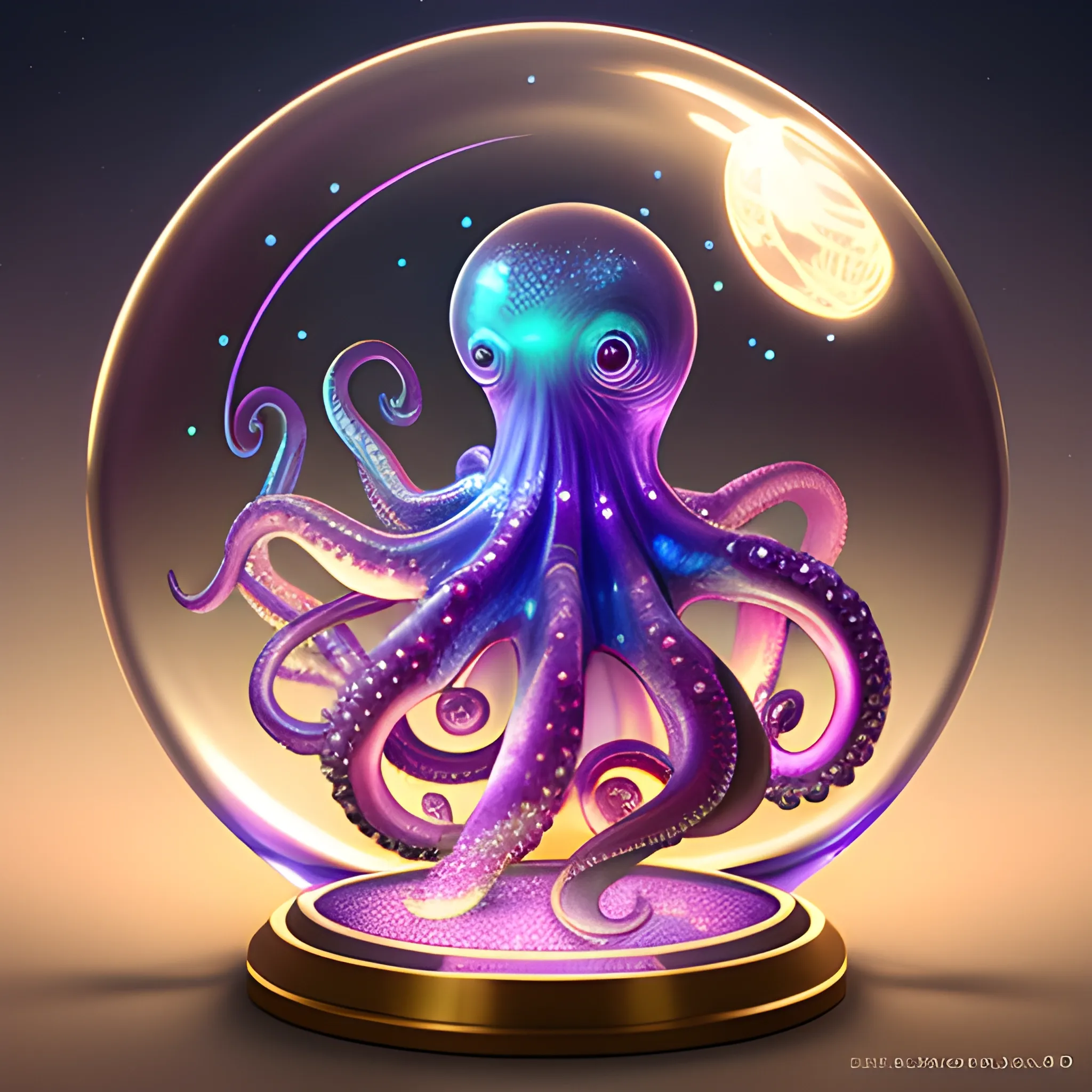 glass globe, 3D octopus, spooky eldritch, luminous color sparkles, bubbling 3D neon moon; 3D Insanely Detailed, Intricate, Fantasy, Cyril Rolando, Artgerm, Jim Burns, Intricate, Elegant, 16k, 3D Sharp Focus, Smooth, Artstation, 3D