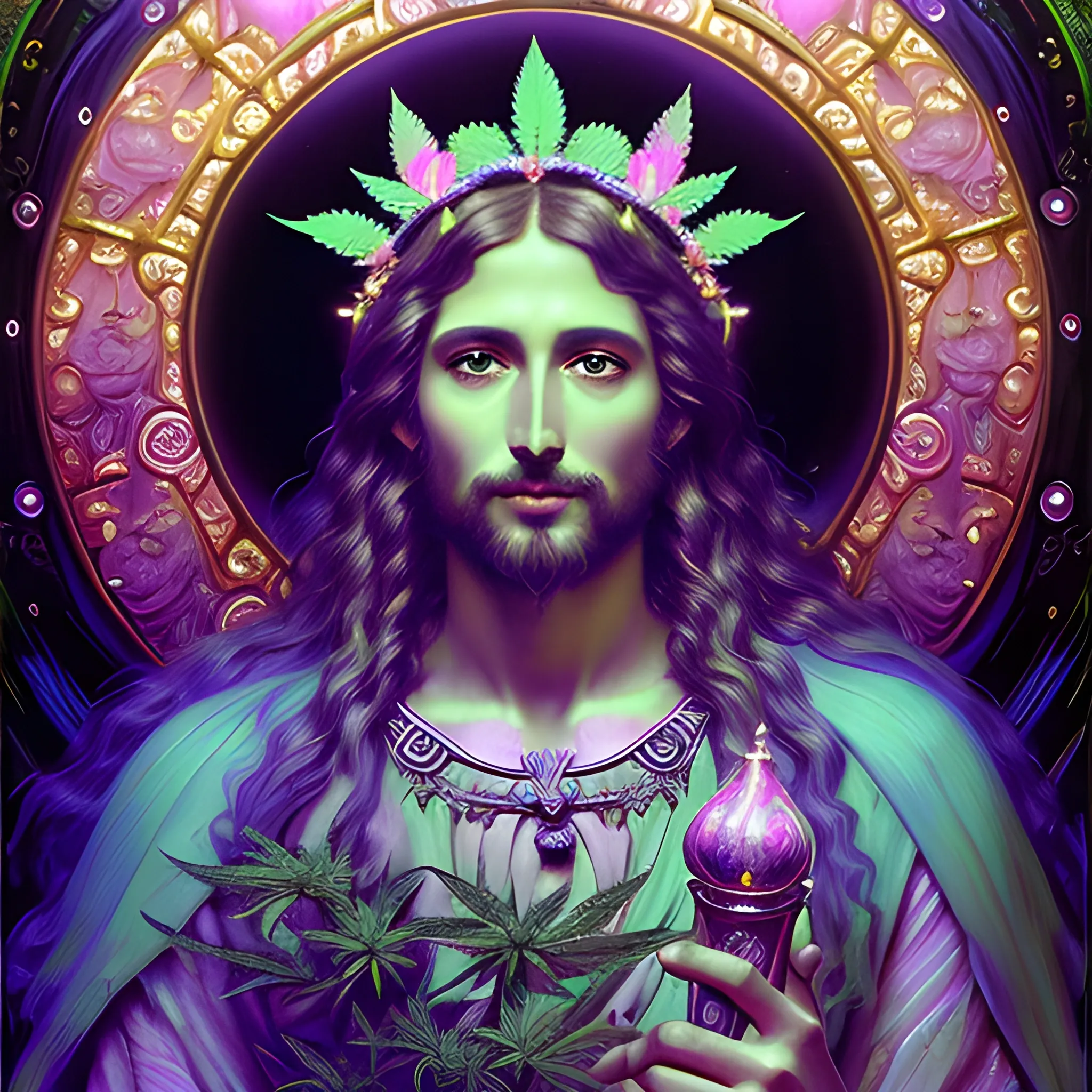 eoclassicist colorful blacklight uv highly detailed painting of Jesus as a marijuana goddess, ethereal fantasy hyperdetailed mist, maximalist matte painting, polished, realistic oil painting; old fashioned, vintage, antique; luminous color sparkles, marijuana, by gaston bussiere, craig mullins, j. c. leyendecker, norman rockwell