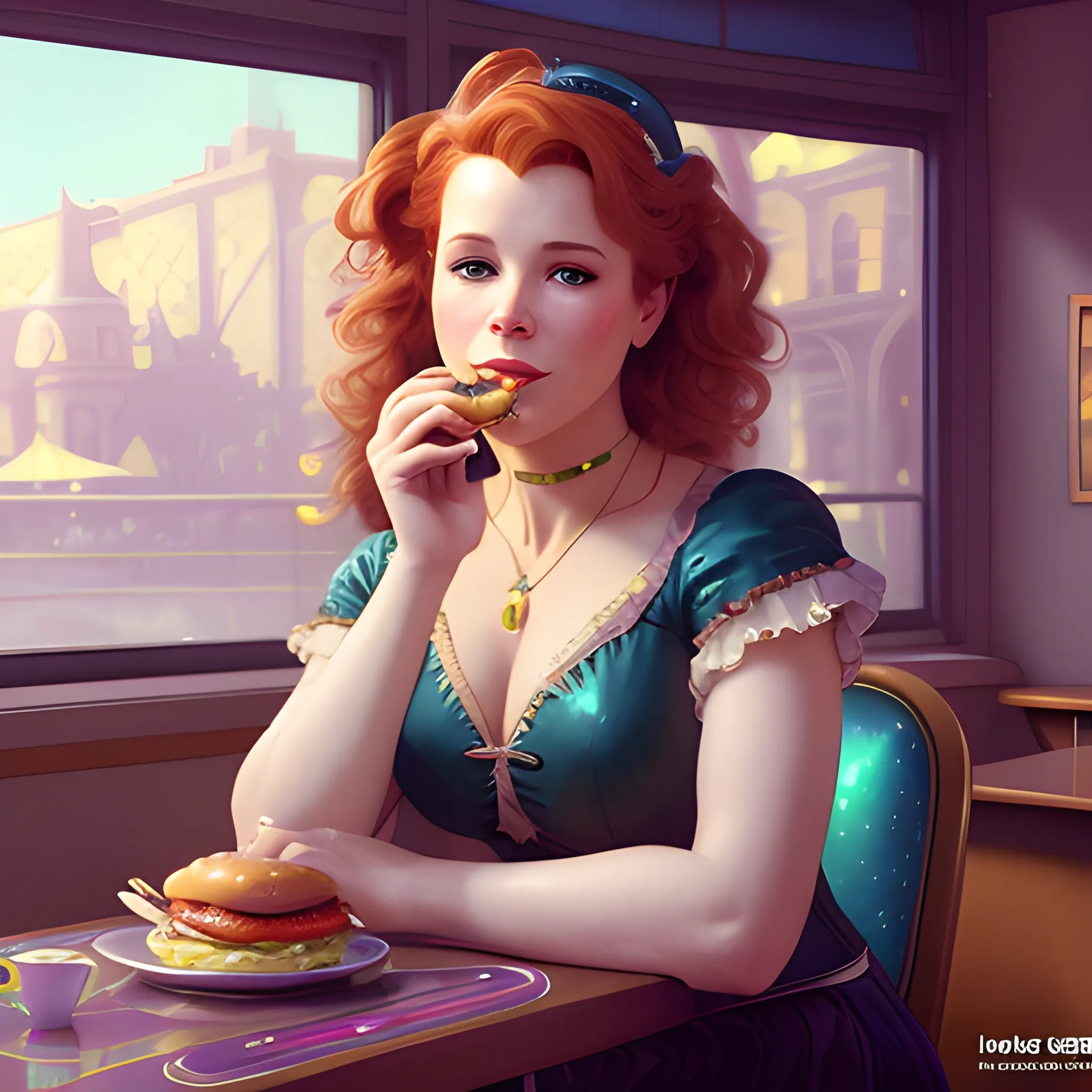 Robyn Lively eating a burger in a 50's diner, highly detailed beautiful face; glitter, renaissance; high contrast, pastel, sorbet, pearlescent, underwater, surreal, Unreal Engine 5; by Dan Parent, Alphonse Mucha, Artgerm, WLOP, intricately detailed, fantasy, bizarre, beautiful, Chromolithography, Soft Shading, Unreal Engine; digital painting, smooth, sharp focus, illustration, art by lisa frank, Steve Goad, Frank Frazetta, William-Adolphe Bouguereau, Unreal Engine 5