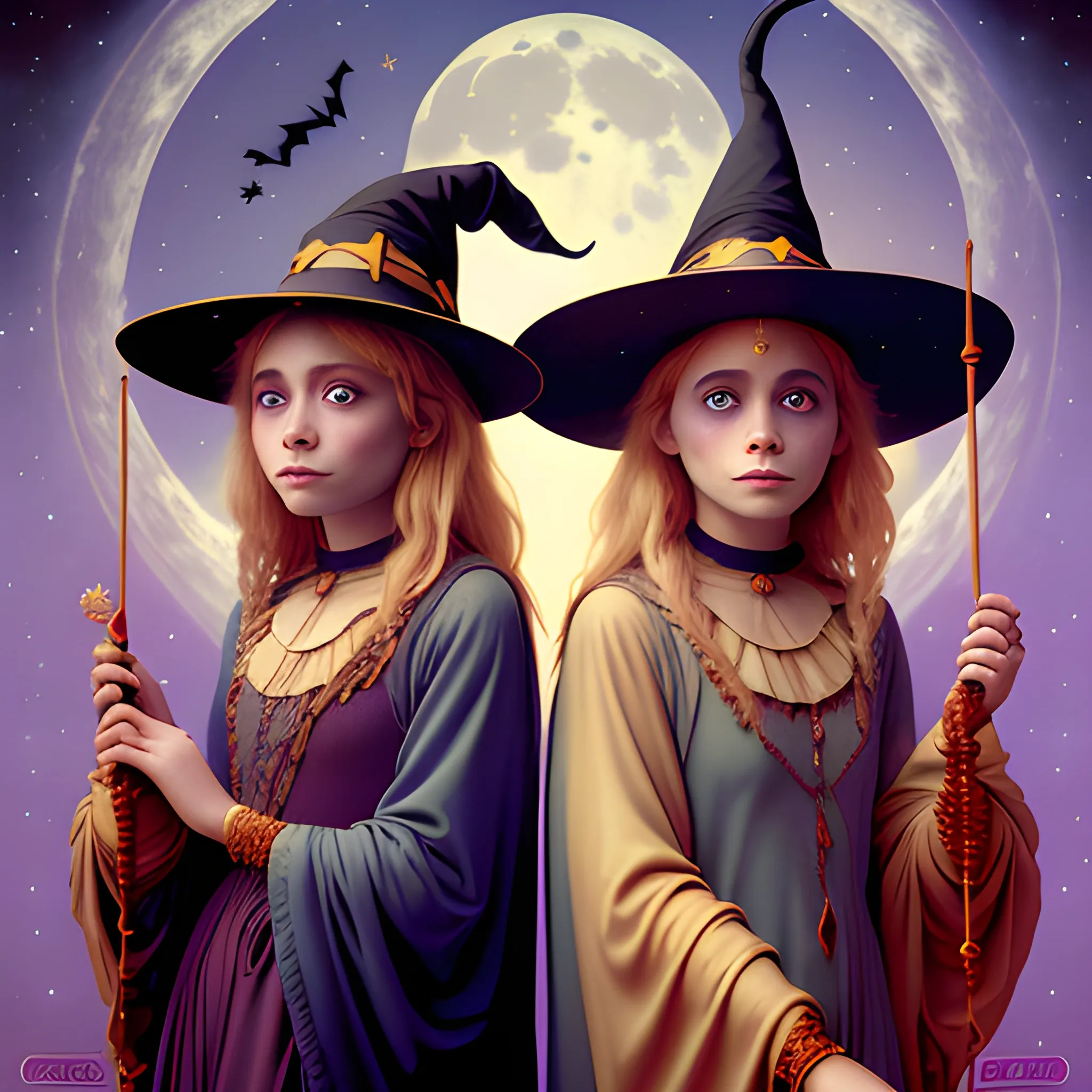 Mary-Kate and Ashley Olsen as Halloween witches, full moon, nebula sky, airbrush, Renaissance, depth of field, Octane Render, by Gaspar Camps, Maxfield Parrish, Alphonse Mucha, Cyril Rolando,16k