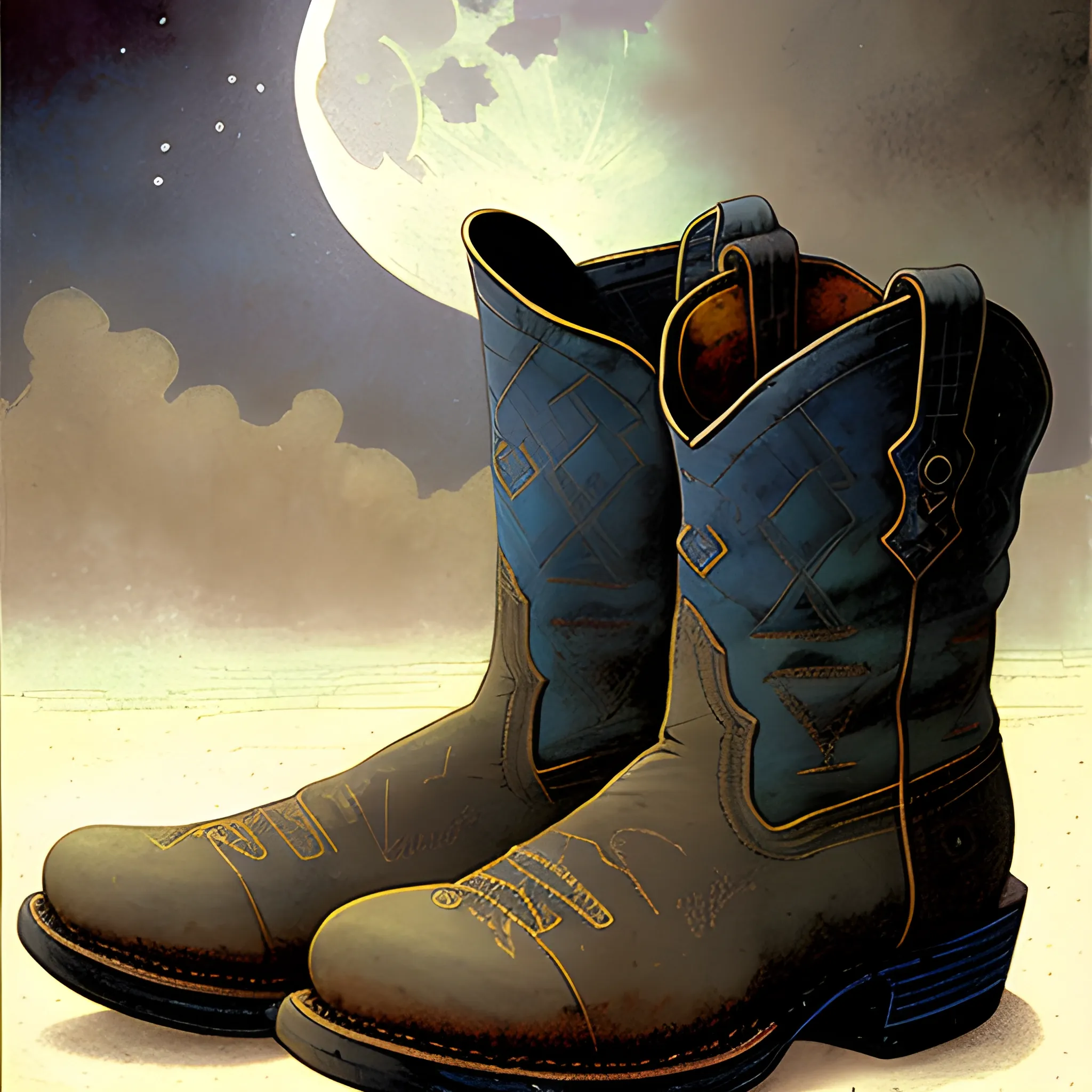  a pair of well worn, dusty old cowboy boots, dark, gloomy, moon partly obscured by clouds, Jean Baptiste Monge, N C Wyeth, Bierstadt; colorful, muted, comic book noir