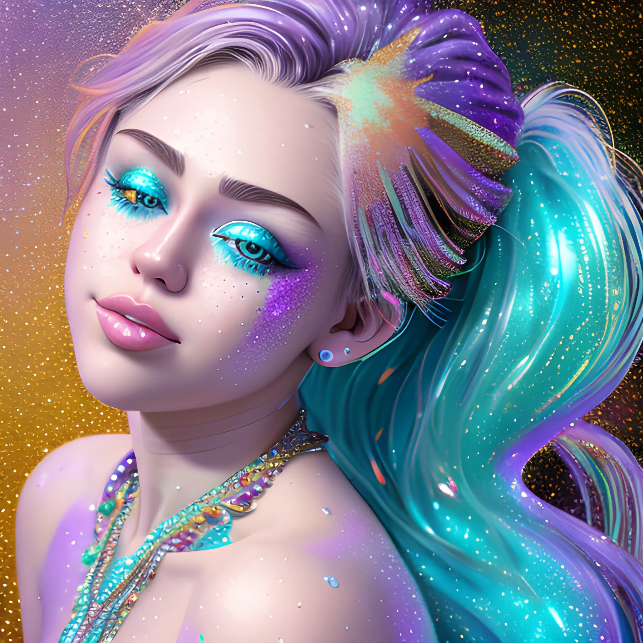 hyperdetailed oil on canvas, beautiful Miley Cyrus as a mermaid, beautiful lavender turquoise speckled eyes, her perfect, softly freckled, precisely detailed face, multi-hued long flowing hair, purple blue pink green orange red yellow luminous color sparkles; glitter, Aja Trier, James R. Eads, Gawki, rajewel, Tania Rivilis, glitter, airbrush, Octane Render, volumetric lighting