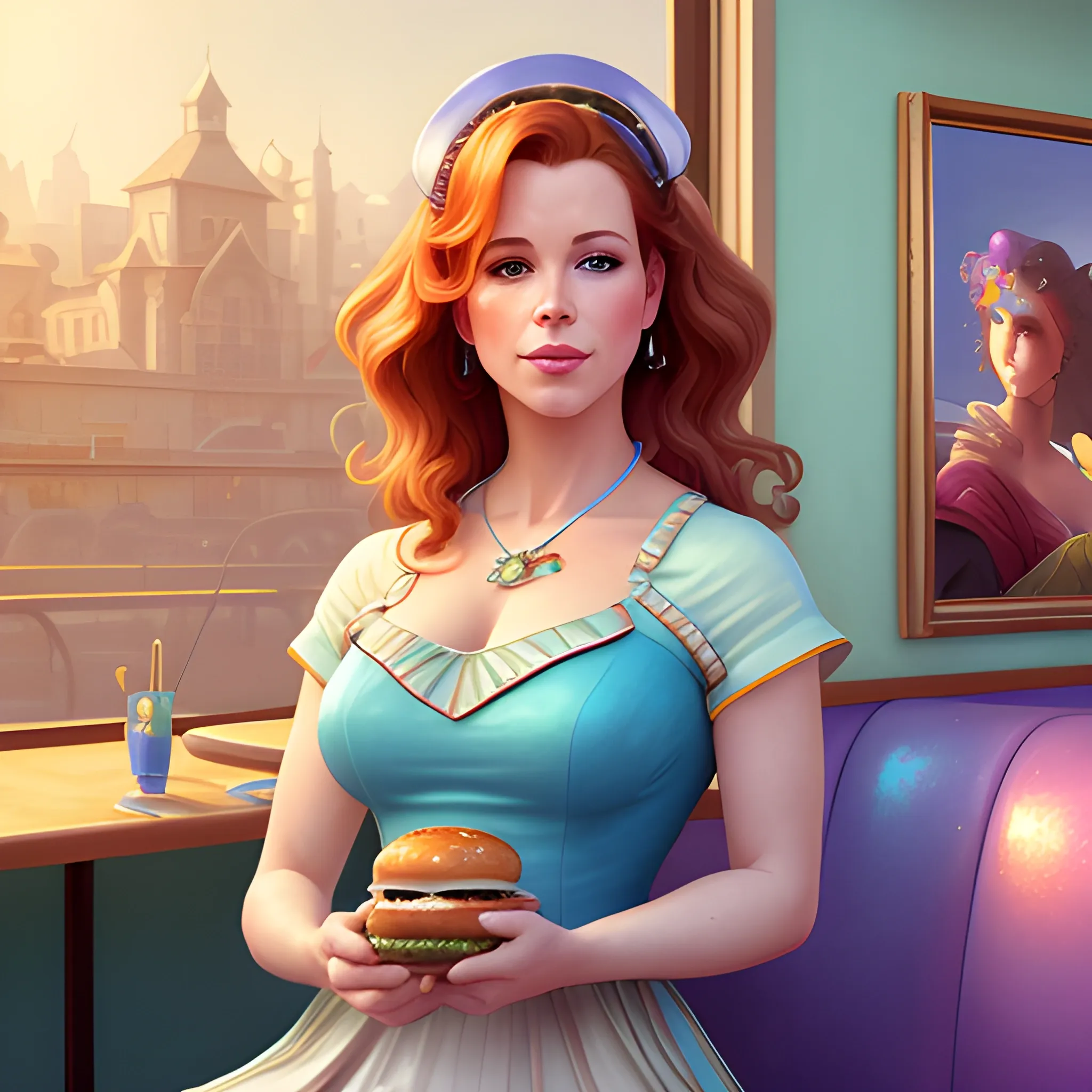 Robyn Lively eating a burger in a 50's diner, highly detailed beautiful face; glitter, renaissance; high contrast, pastel, sorbet, pearlescent, underwater, surreal, Unreal Engine 5; by Dan Parent, Alphonse Mucha, Artgerm, WLOP, intricately detailed, fantasy, bizarre, beautiful, Chromolithography, Soft Shading, Unreal Engine; digital painting, smooth, sharp focus, illustration, art by lisa frank, Steve Goad, Frank Frazetta, William-Adolphe Bouguereau, Unreal Engine 5