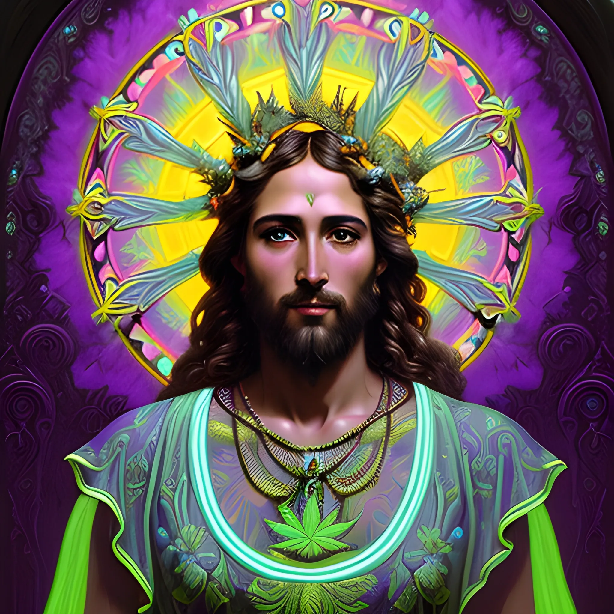 eoclassicist colorful blacklight uv highly detailed painting of Jesus as a marijuana goddess, ethereal fantasy hyperdetailed mist, maximalist matte painting, polished, realistic oil painting; old fashioned, vintage, antique; luminous color sparkles, marijuana, by gaston bussiere, craig mullins, j. c. leyendecker, norman rockwell