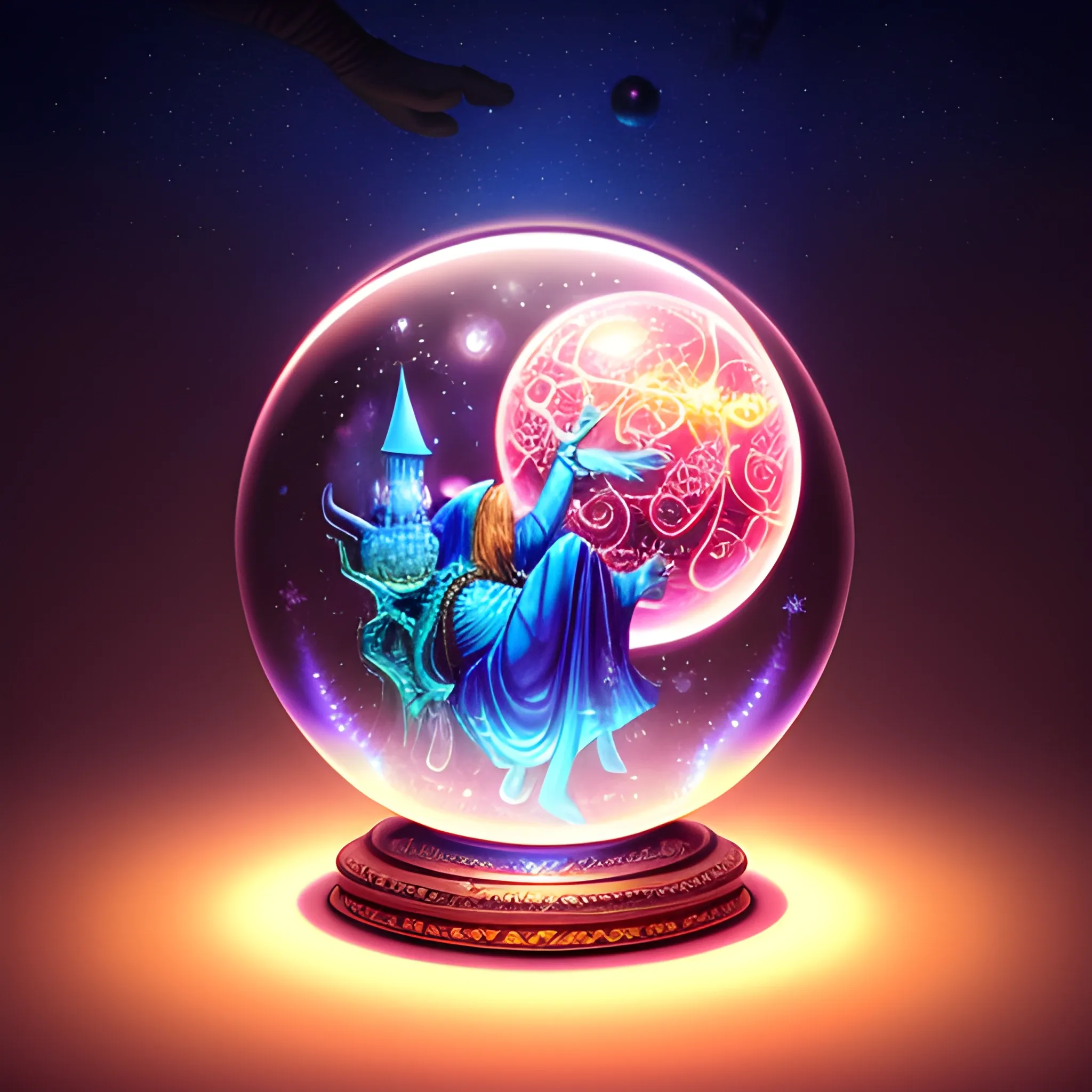 a wizard gazes into a glass globe, luminous color sparkles, bubb ...