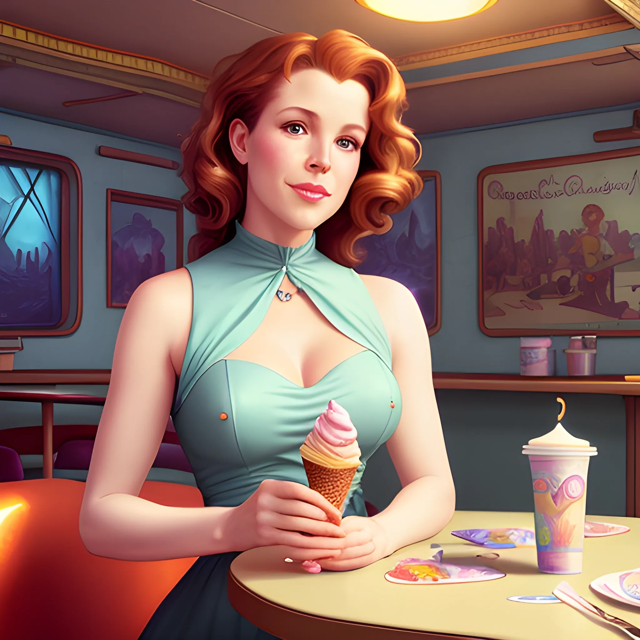 Robyn Lively eating an ice-cream cone in a 50's diner, highly detailed beautiful face; glitter, renaissance; high contrast, pastel, sorbet, pearlescent, underwater, surreal, Unreal Engine 5; by Dan Parent, Alphonse Mucha, Artgerm, WLOP, intricately detailed, fantasy, bizarre, beautiful, Chromolithography, Soft Shading, Unreal Engine; digital painting, smooth, sharp focus, illustration, art by lisa frank, Steve Goad, Frank Frazetta, William-Adolphe Bouguereau, Unreal Engine 5