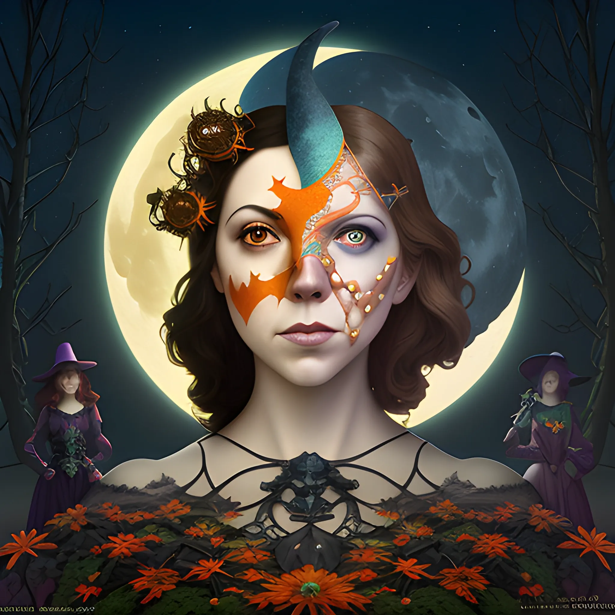 Aubrey Plaza and Anna Kendrick as Halloween witches, full moon, nebula sky, airbrush, Renaissance, depth of field, Octane Render, by Gaspar Camps, Maxfield Parrish, Alphonse Mucha, Cyril Rolando,16k