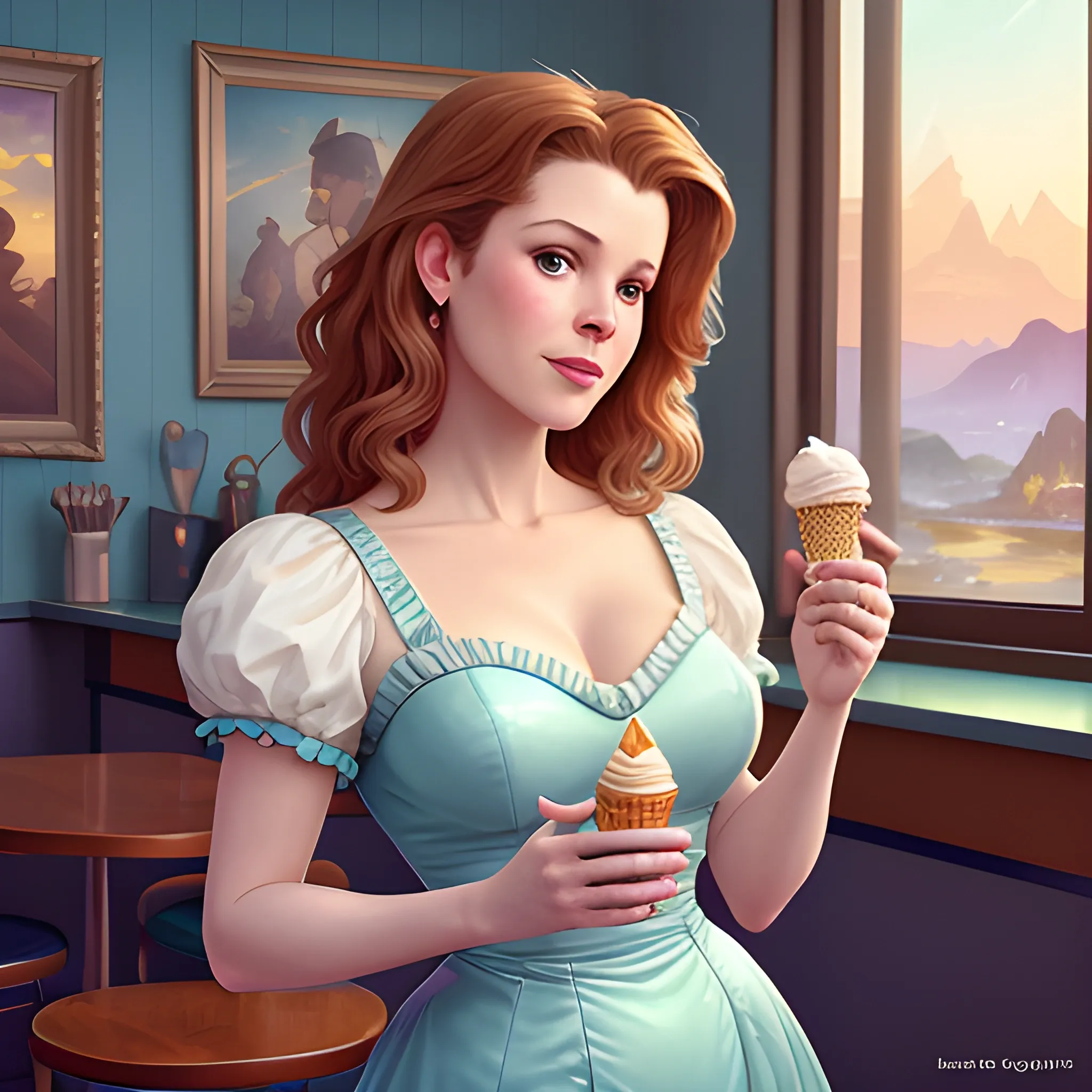 Robyn Lively eating an ice-cream cone in a 50's diner, highly detailed beautiful face; glitter, renaissance; high contrast, pastel, sorbet, pearlescent, underwater, surreal, Unreal Engine 5; by Dan Parent, Alphonse Mucha, Artgerm, WLOP, intricately detailed, fantasy, bizarre, beautiful, Chromolithography, Soft Shading, Unreal Engine; digital painting, smooth, sharp focus, illustration, art by lisa frank, Steve Goad, Frank Frazetta, William-Adolphe Bouguereau, Unreal Engine 5