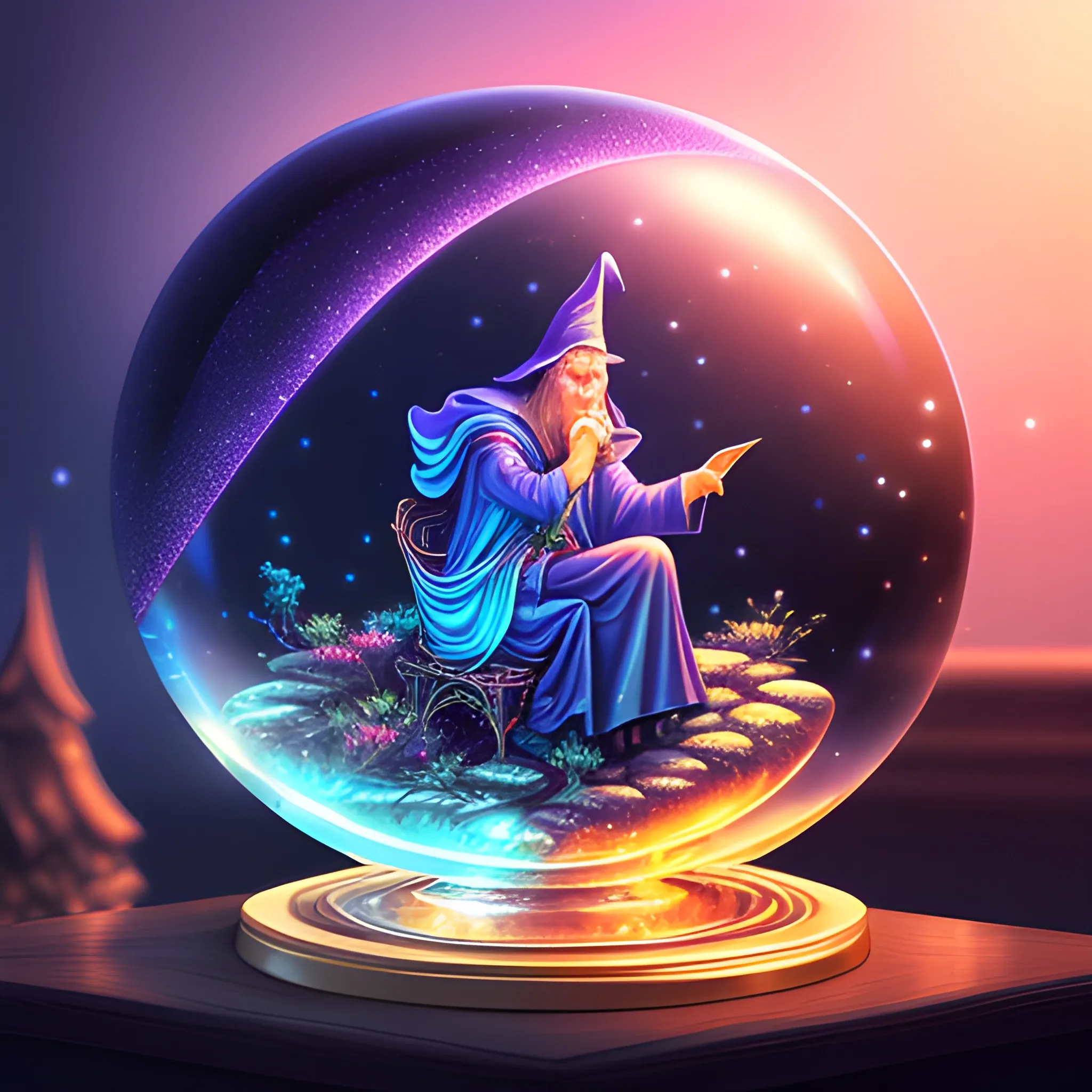 a wizard gazes over a glass globe, luminous color sparkles, bubb ...