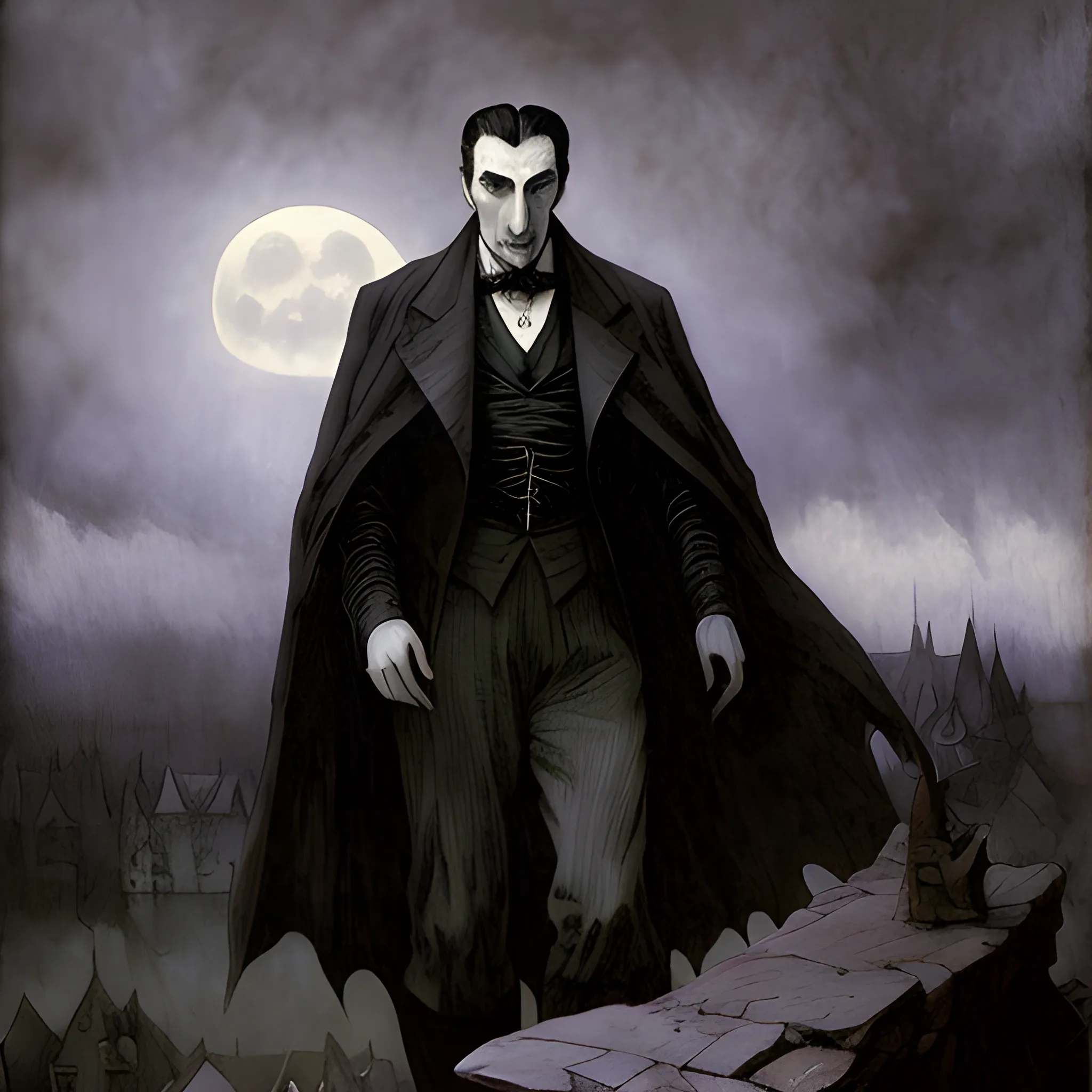 Dracula, dark, gloomy, moon partly obscured by clouds, Jean Baptiste Monge, N C Wyeth, Bierstadt; colorful, muted, comic book noir